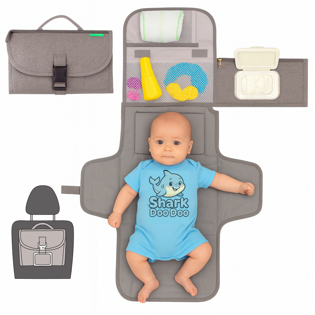 Shark Doo Doo Baby Changing Mat with Organizer Bags | Detachable Waterproof Diaper Pad for Baby | Portable Foldable Travel Diaper Changing Mat with Organizer | Newborn Essentials