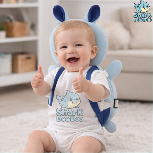 Shark Doo Doo® Baby Head Protector Cushion for 6–24 Months | Soft Plush Safety Backpack for Toddlers | Adjustable Straps, Anti-Fall Pillow for Infants (Blue Bunny)