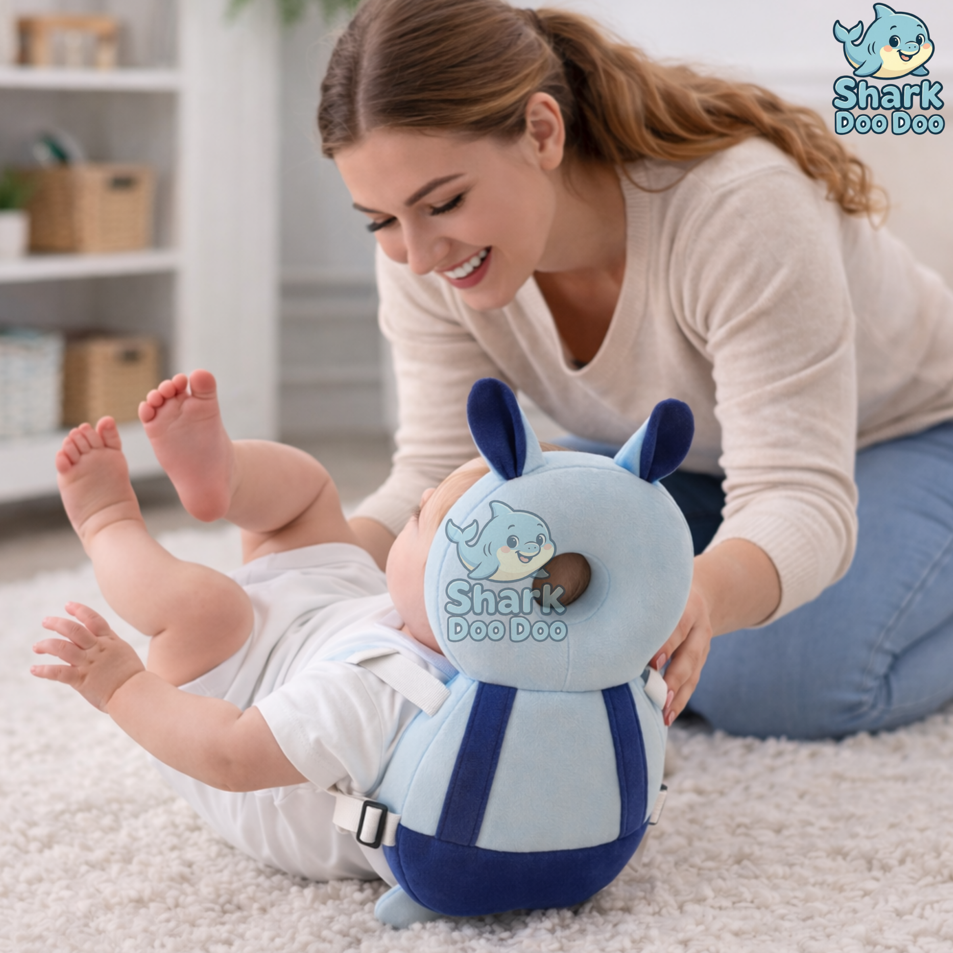 Shark Doo Doo® Baby Head Protector Cushion for 6–24 Months | Soft Plush Safety Backpack for Toddlers | Adjustable Straps, Anti-Fall Pillow for Infants (Blue Bunny)