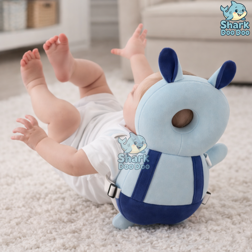 Shark Doo Doo® Baby Head Protector Cushion for 6–24 Months | Soft Plush Safety Backpack for Toddlers | Adjustable Straps, Anti-Fall Pillow for Infants (Blue Bunny)