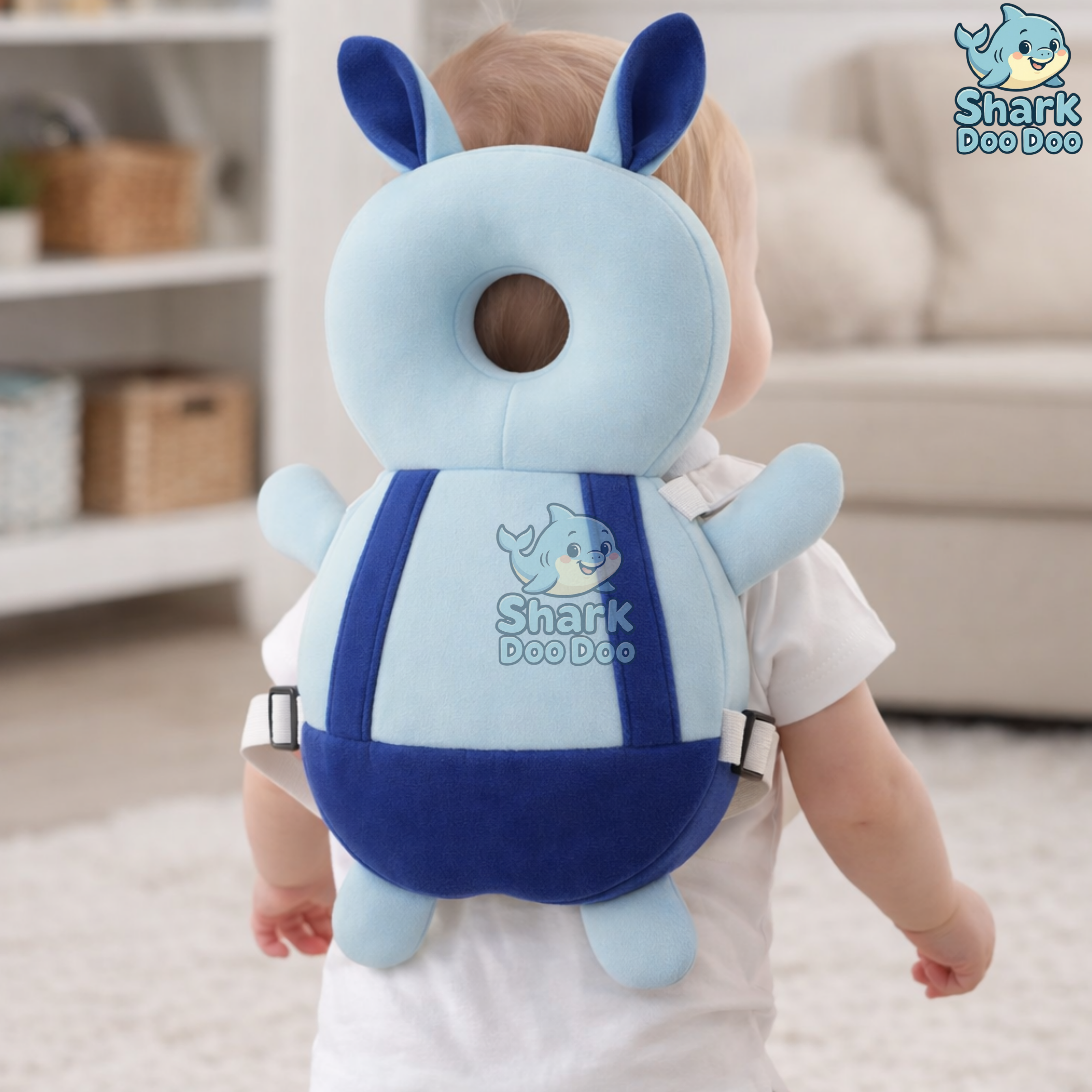 Shark Doo Doo® Baby Head Protector Cushion for 6–24 Months | Soft Plush Safety Backpack for Toddlers | Adjustable Straps, Anti-Fall Pillow for Infants (Blue Bunny)