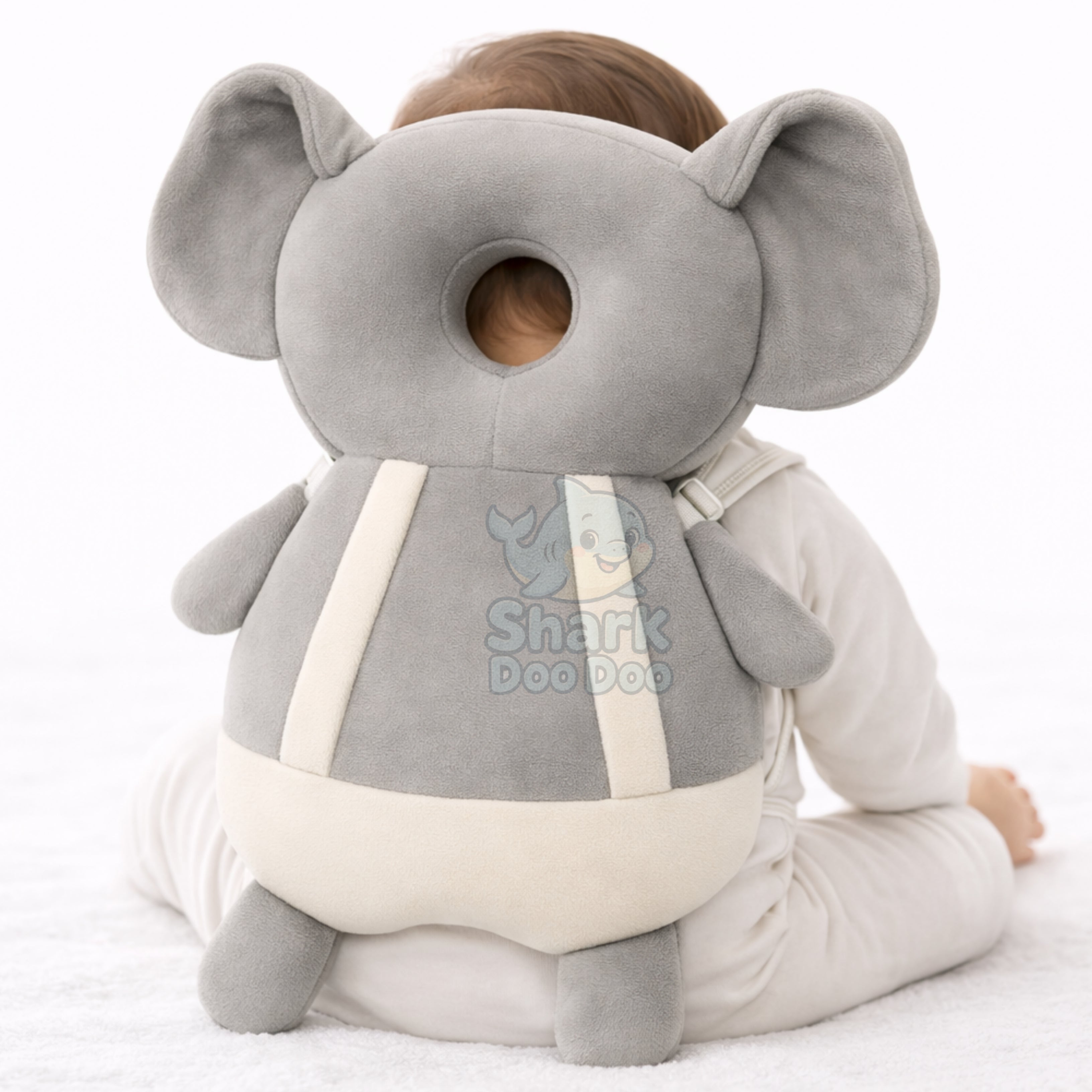 Shark Doo Doo® Baby Head Protector Cushion for 6–24 Months | Soft Plush Safety Backpack for Toddlers | Adjustable Straps, Anti-Fall Pillow for Infants (Grey Elephant)