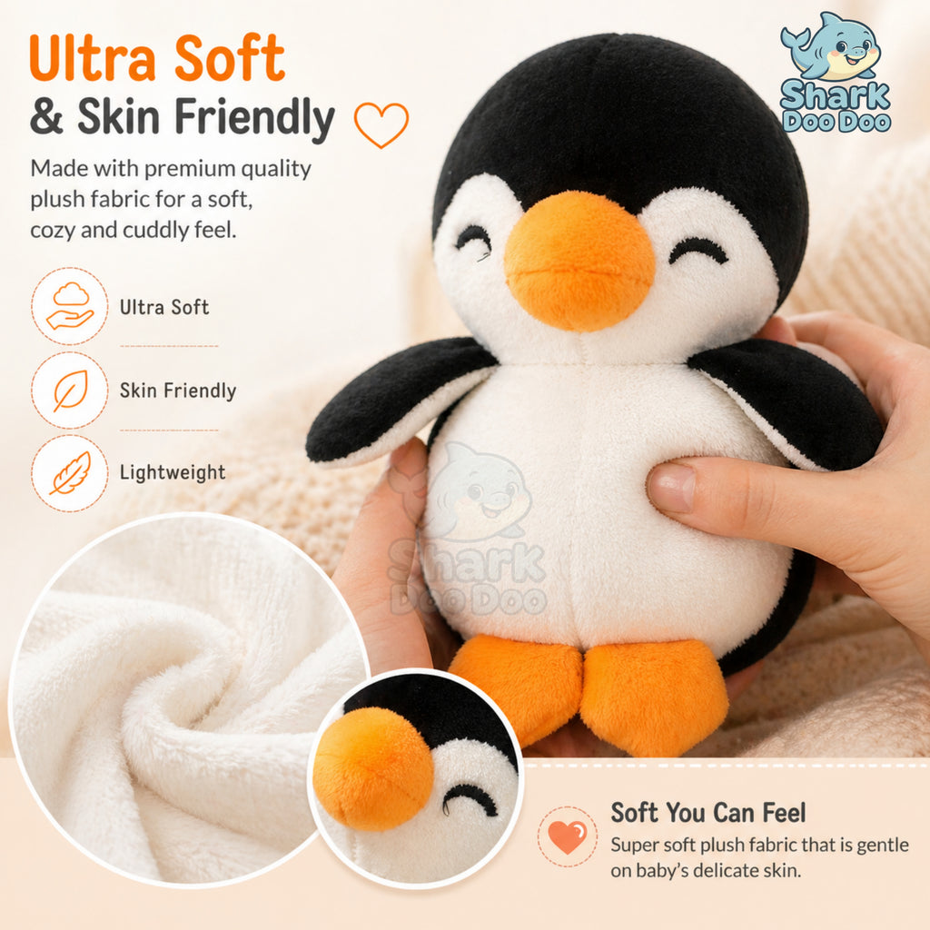 Shark Doo Doo® Penguin Plush Toy for Infants & Kids | Super Soft Stuffed Animal Teddy for Boys, Girls & Babies | Cute Black & White Penguin Soft Toy for Sleeping, Hugging & Gifting | Small Size 18 cm