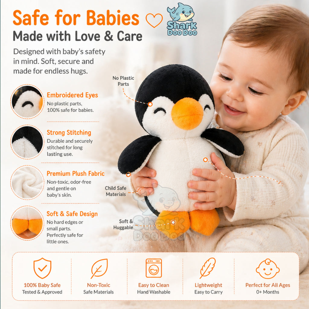 Shark Doo Doo® Penguin Plush Toy for Infants & Kids | Super Soft Stuffed Animal Teddy for Boys, Girls & Babies | Cute Black & White Penguin Soft Toy for Sleeping, Hugging & Gifting | Small Size 18 cm