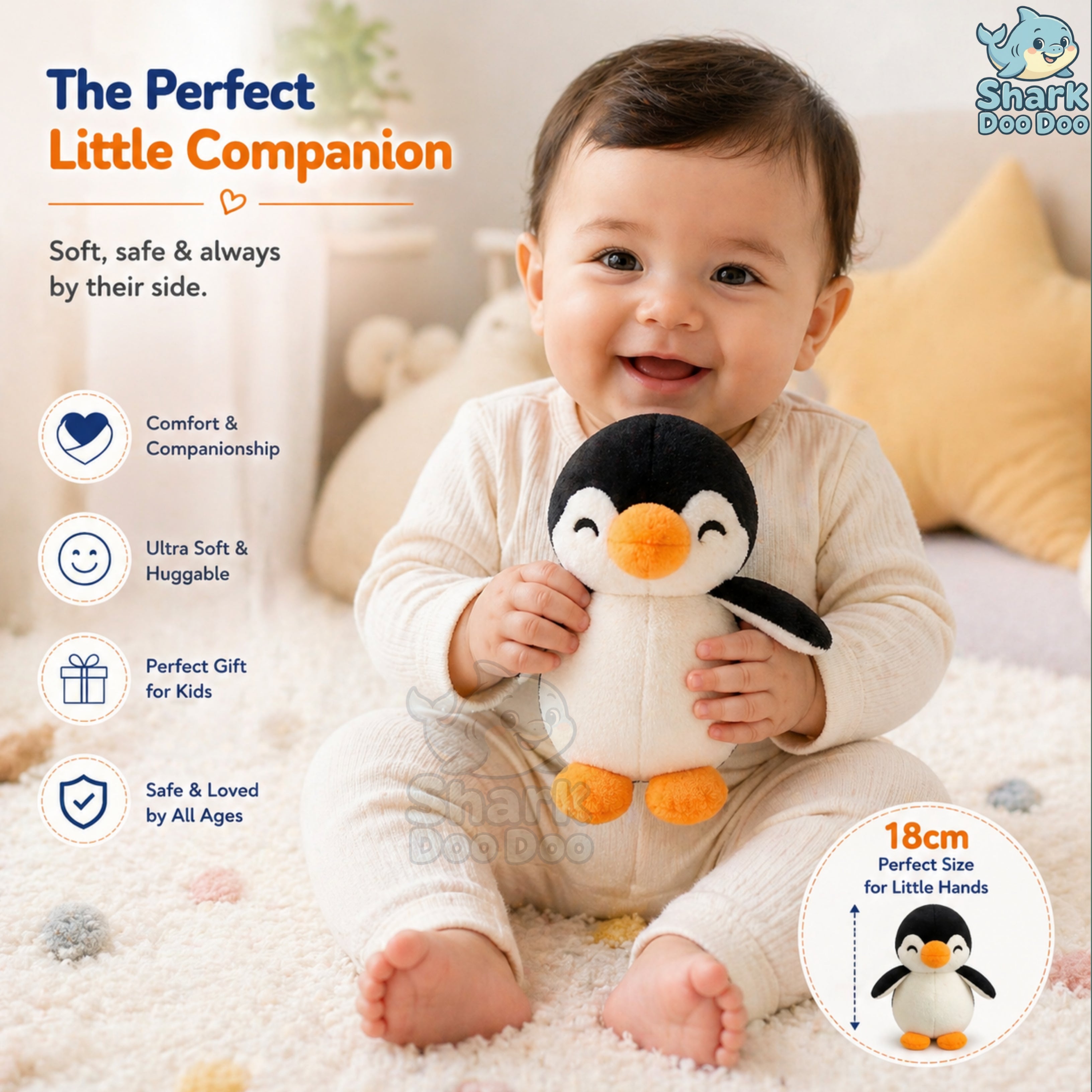Shark Doo Doo® Penguin Plush Toy for Infants & Kids | Super Soft Stuffed Animal Teddy for Boys, Girls & Babies | Cute Black & White Penguin Soft Toy for Sleeping, Hugging & Gifting | Small Size 18 cm