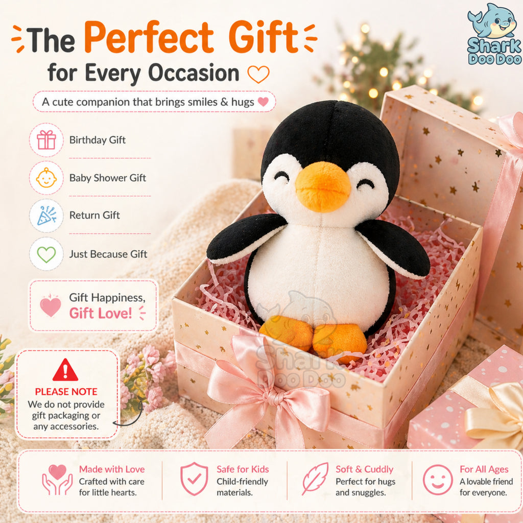 Shark Doo Doo® Penguin Plush Toy for Infants & Kids | Super Soft Stuffed Animal Teddy for Boys, Girls & Babies | Cute Black & White Penguin Soft Toy for Sleeping, Hugging & Gifting | Small Size 18 cm