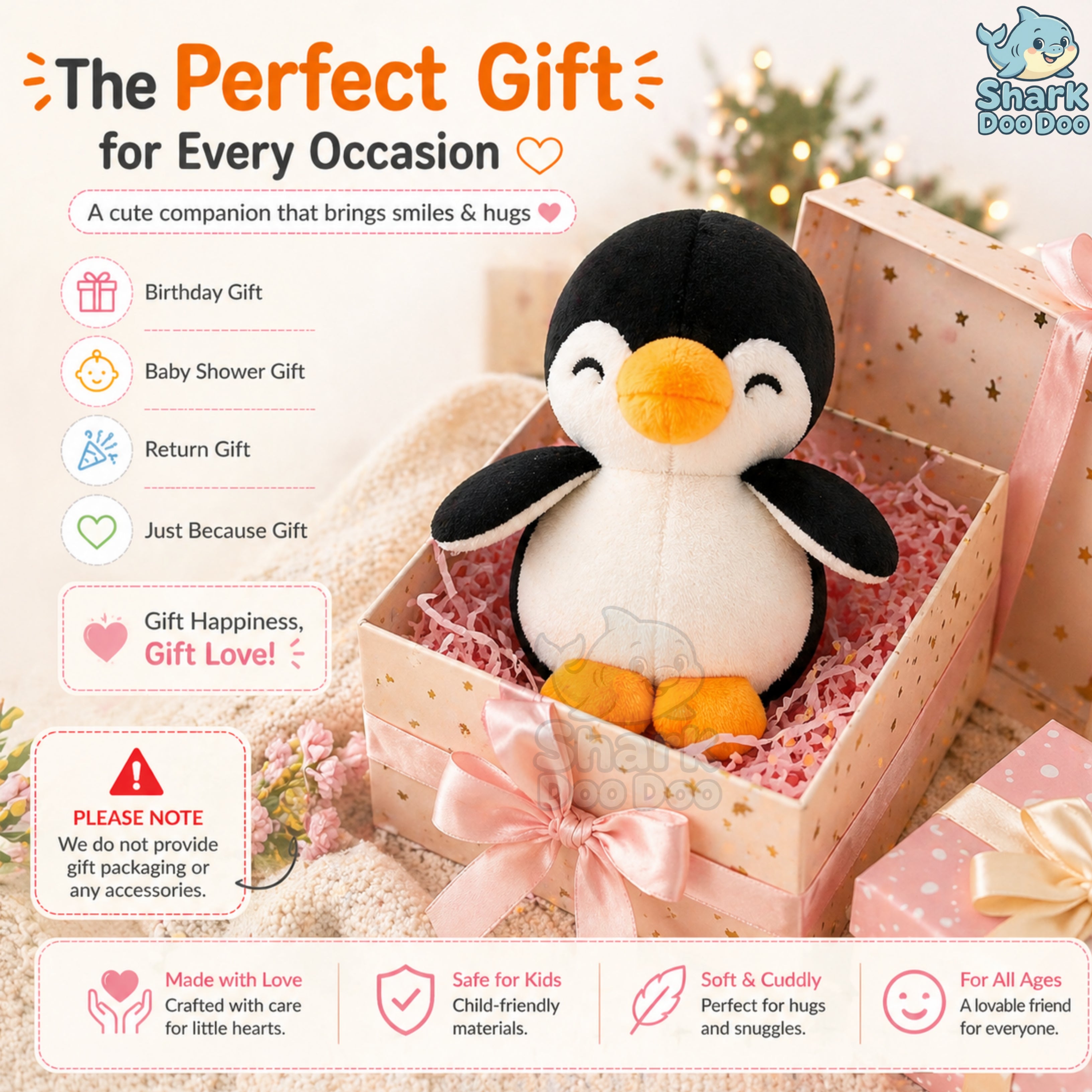 Shark Doo Doo® Penguin Plush Toy for Infants & Kids | Super Soft Stuffed Animal Teddy for Boys, Girls & Babies | Cute Black & White Penguin Soft Toy for Sleeping, Hugging & Gifting | Small Size 18 cm