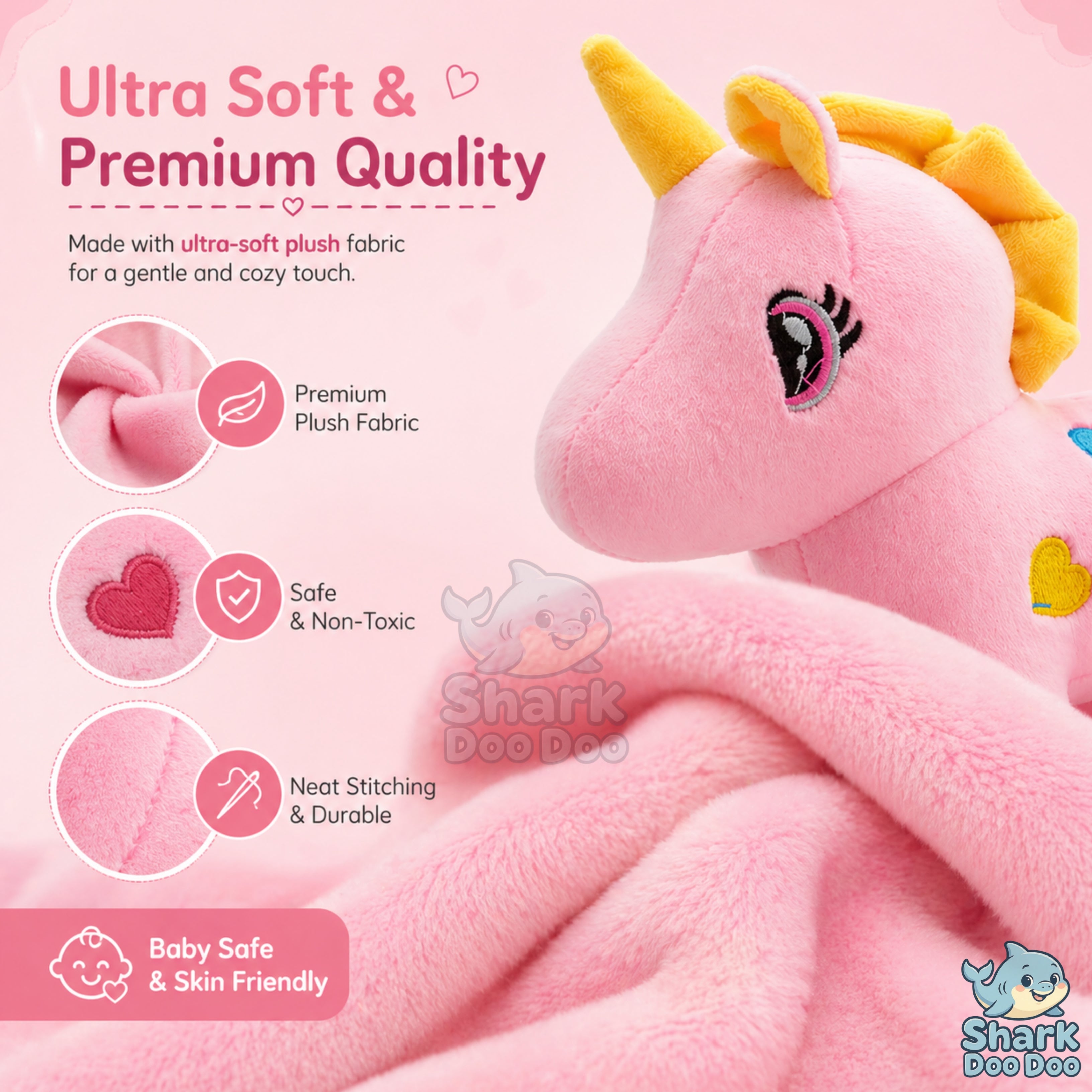 Shark Doo Doo® Unicorn Plush Toy for Infants & Kids | Super Soft Stuffed Animal Teddy for Boys, Girls & Babies | Cute Pink Unicorn Toy for Sleeping, Hugging & Gifting | Small Size 18 cm