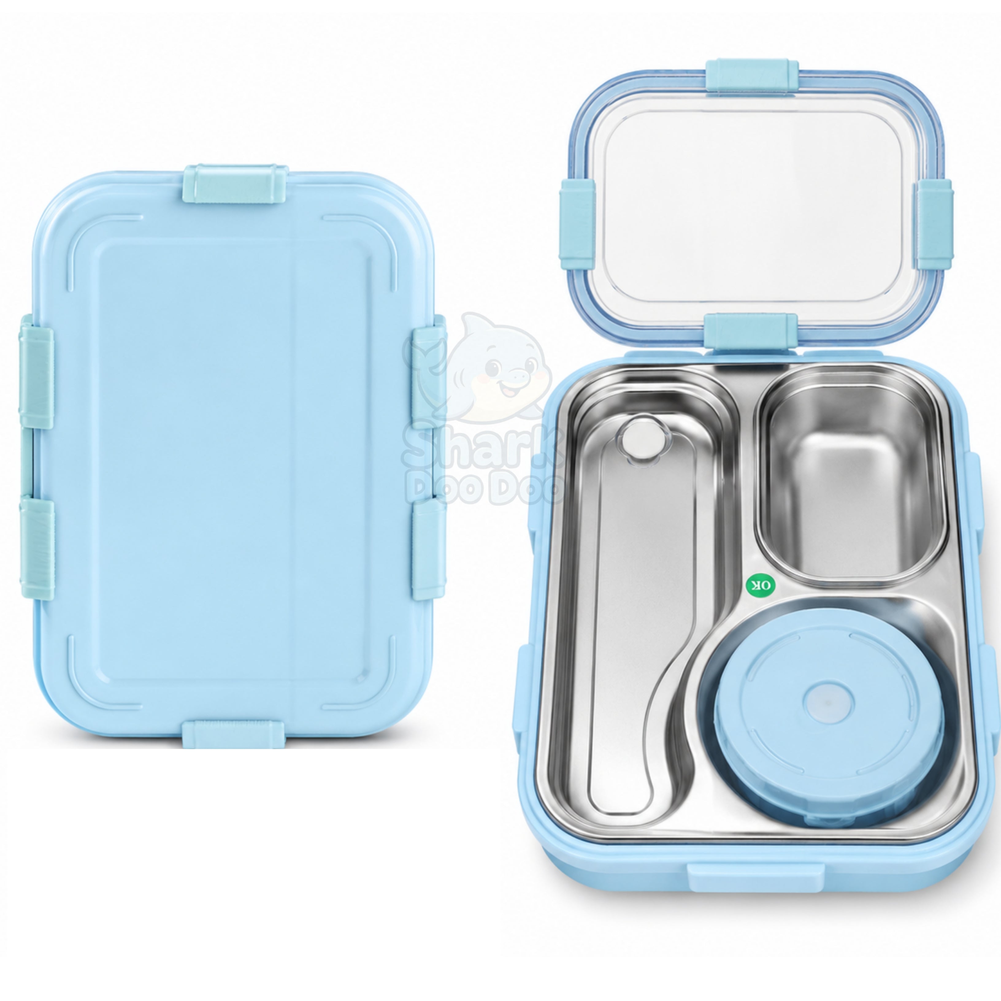Shark Doo Doo® Bento 3 Compartment Stainless Steel Lunch Box with Steel Cutlery Inside | Heating & Water Insulation Design | Leak-Resistant | 750 ML | Office & School (Sky Blue)