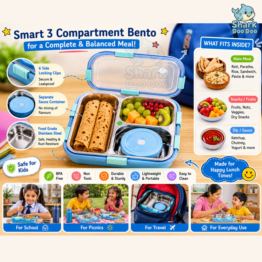 Shark Doo Doo® Bento 3 Compartment Stainless Steel Lunch Box with Steel Cutlery Inside | Heating & Water Insulation Design | Leak-Resistant | 750 ML | Office & School (Sky Blue)