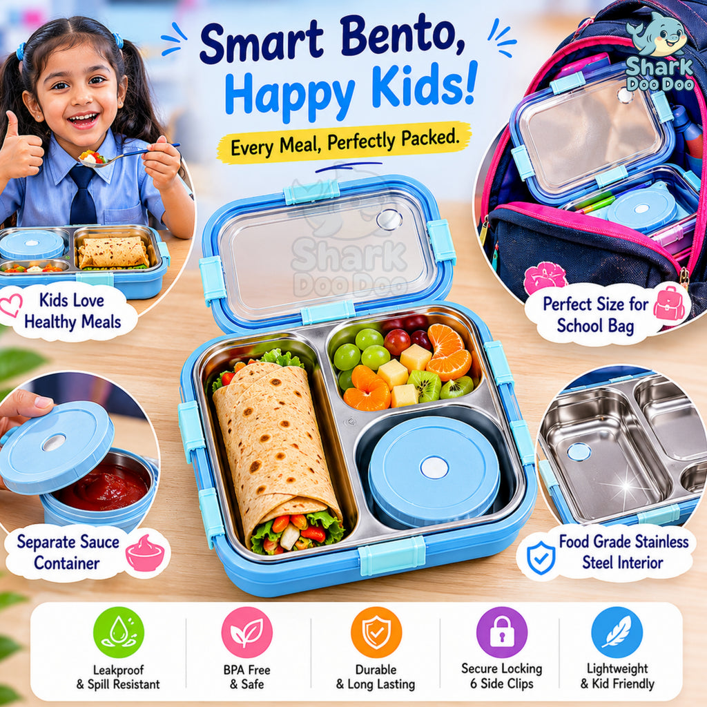 Shark Doo Doo® Bento 3 Compartment Stainless Steel Lunch Box with Steel Cutlery Inside | Heating & Water Insulation Design | Leak-Resistant | 750 ML | Office & School (Sky Blue)