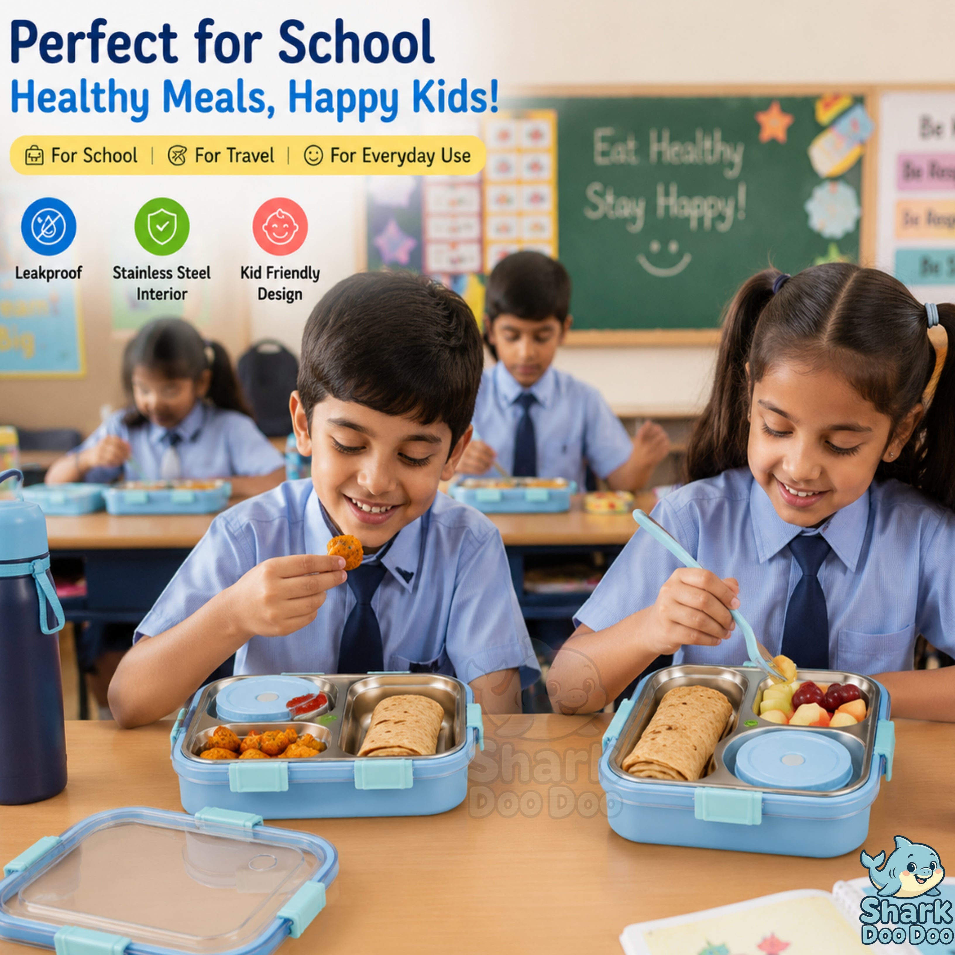 Shark Doo Doo® Bento 3 Compartment Stainless Steel Lunch Box with Steel Cutlery Inside | Heating & Water Insulation Design | Leak-Resistant | 750 ML | Office & School (Sky Blue)