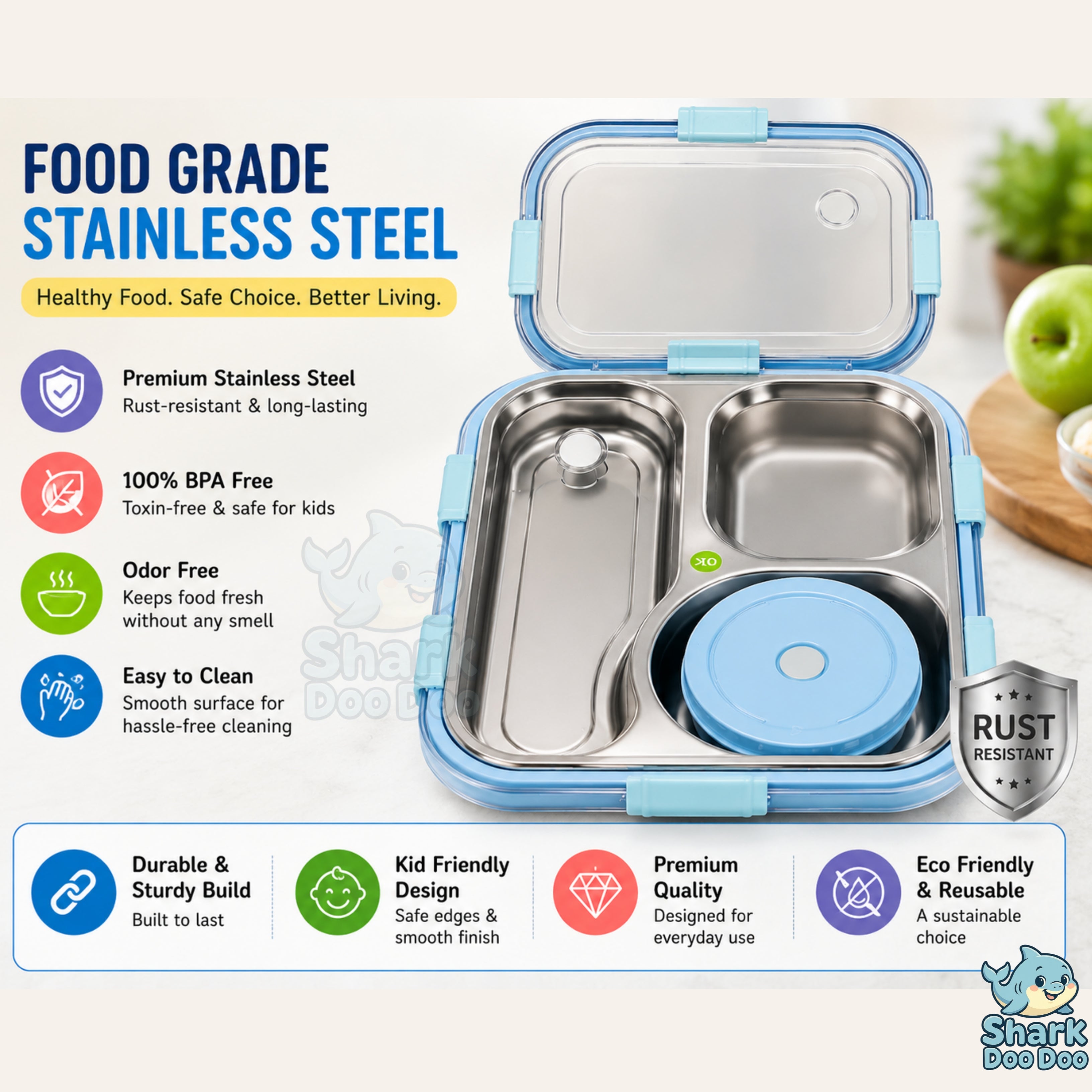 Shark Doo Doo® Bento 3 Compartment Stainless Steel Lunch Box with Steel Cutlery Inside | Heating & Water Insulation Design | Leak-Resistant | 750 ML | Office & School (Sky Blue)