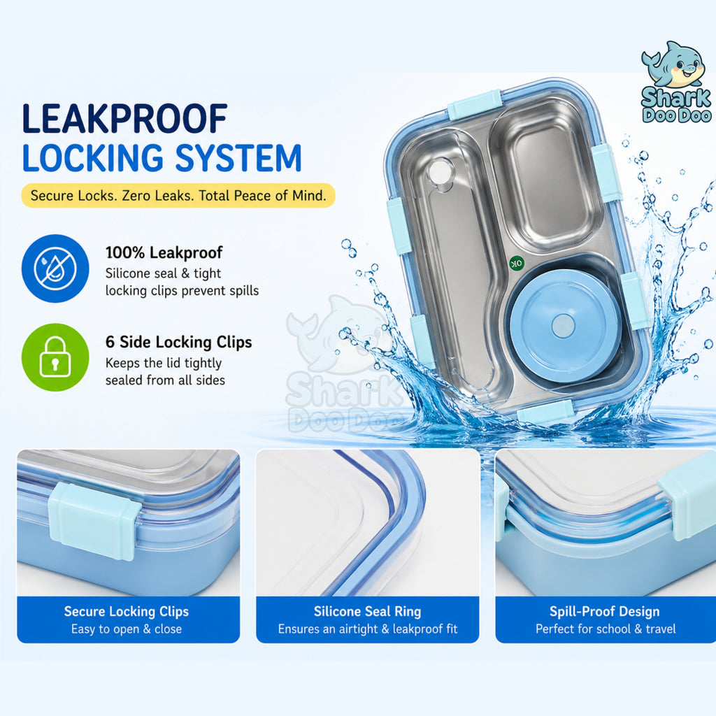 Shark Doo Doo® Bento 3 Compartment Stainless Steel Lunch Box with Steel Cutlery Inside | Heating & Water Insulation Design | Leak-Resistant | 750 ML | Office & School (Sky Blue)