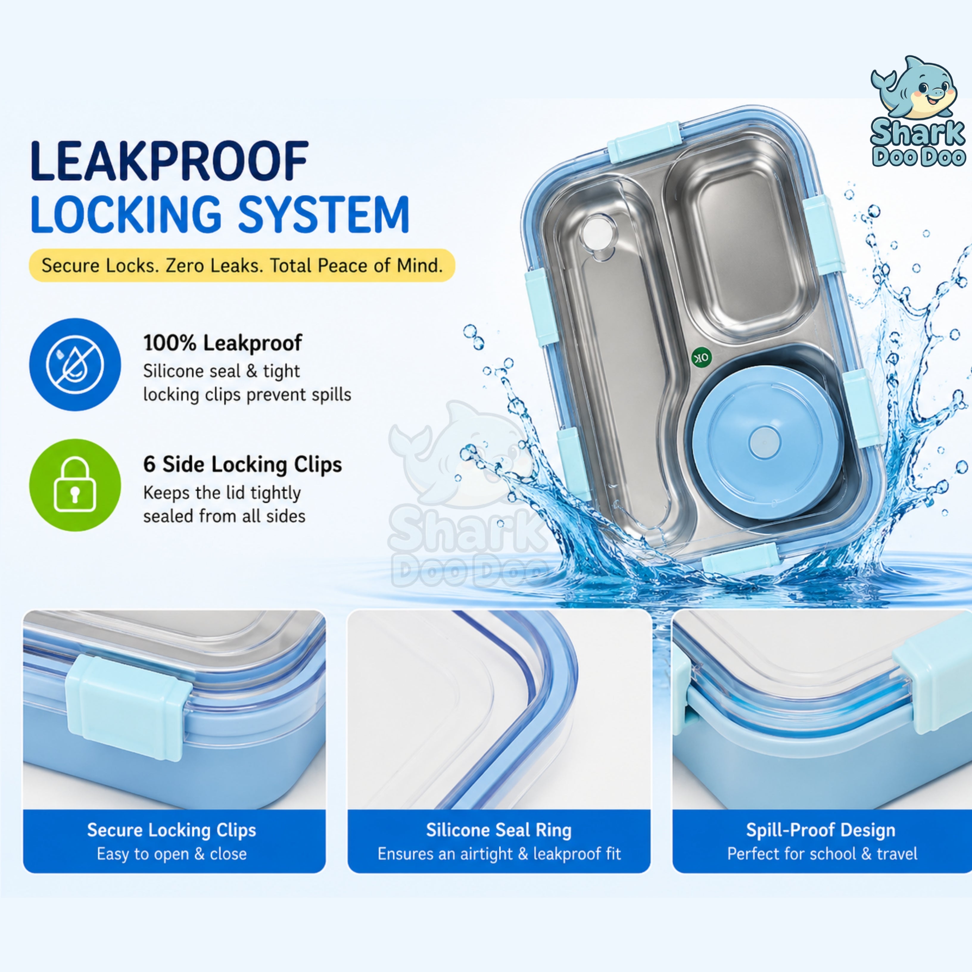 Shark Doo Doo® Bento 3 Compartment Stainless Steel Lunch Box with Steel Cutlery Inside | Heating & Water Insulation Design | Leak-Resistant | 750 ML | Office & School (Sky Blue)