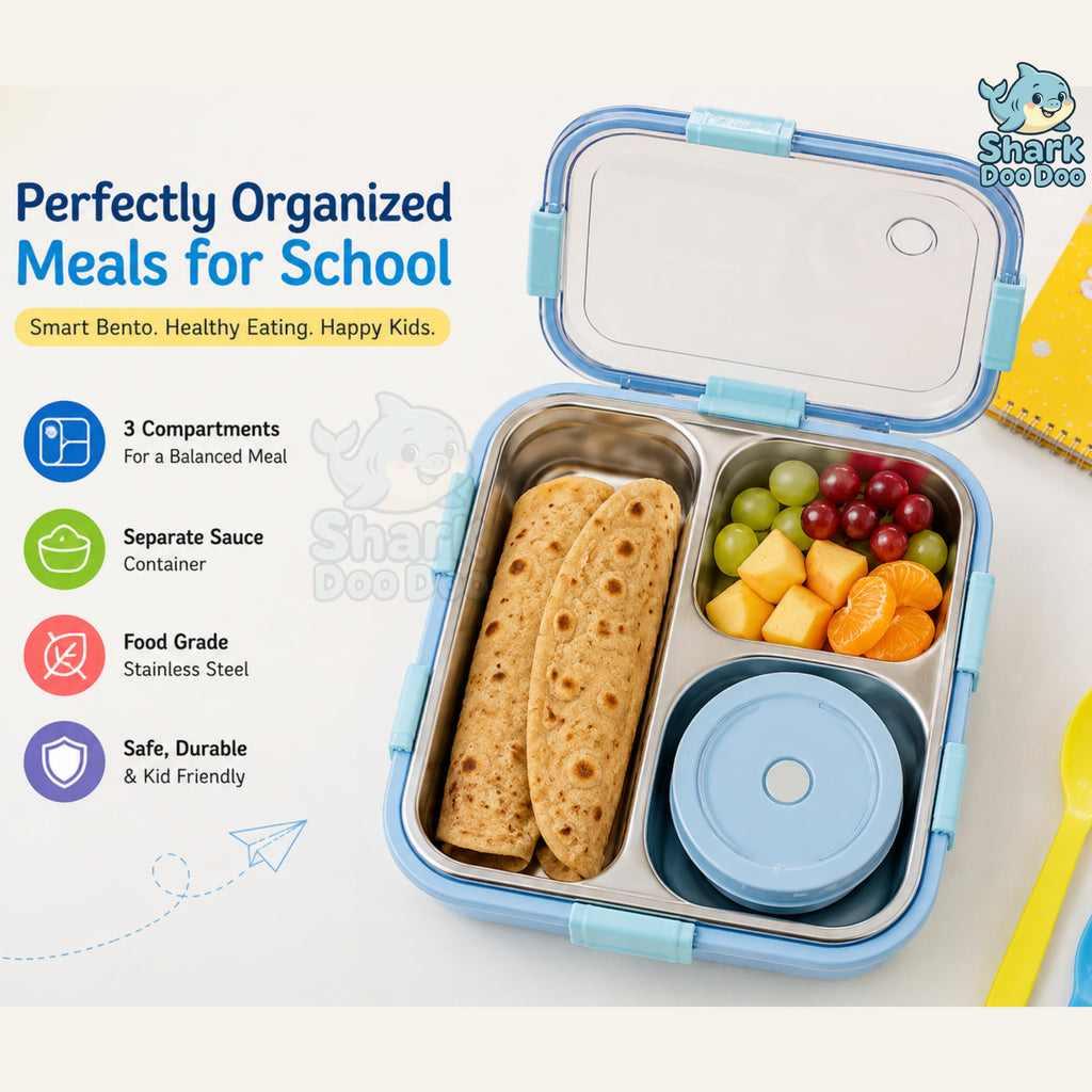 Shark Doo Doo® Bento 3 Compartment Stainless Steel Lunch Box with Steel Cutlery Inside | Heating & Water Insulation Design | Leak-Resistant | 750 ML | Office & School (Sky Blue)