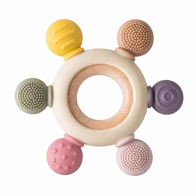 Silicone & Wooden Baby Teether for 3+ Months – BPA-Free, Soft Teething Toy for Infants with Multi-Texture Design, Easy-Grip Round Shape, and Safe, Natural Relief for Soothing Baby Gums (Silicone Wooden Teether)