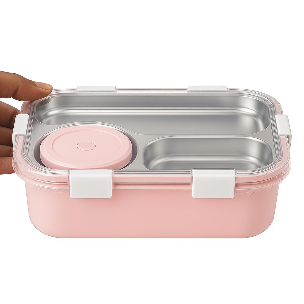 Shark Doo Doo® Bento 3 Compartment Stainless Steel Lunch Box with Steel Cutlery Inside | Heating & Water Insulation Design | Leak-Resistant | 750 ML | Office & School