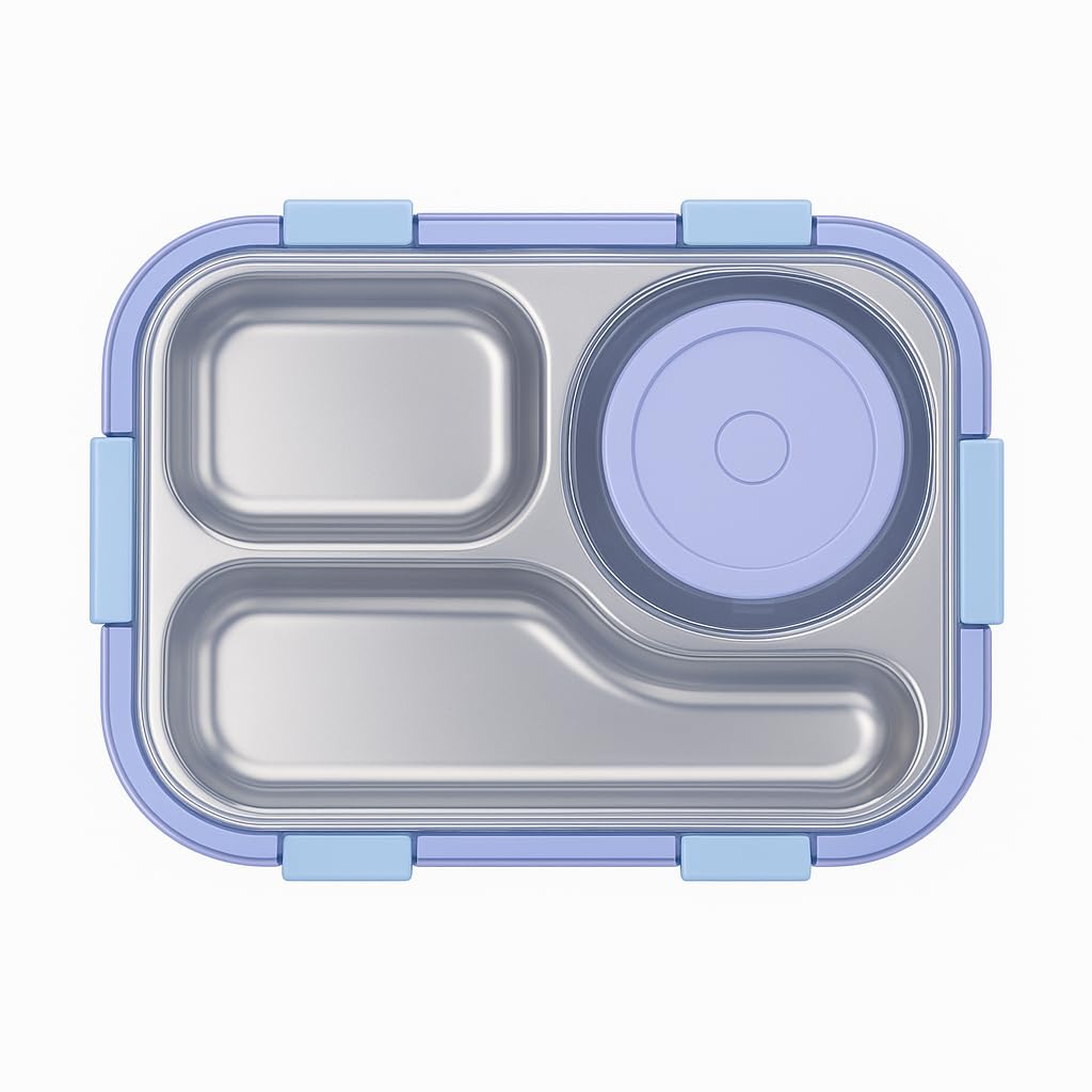Shark Doo Doo® Bento 3 Compartment (Purple with Chutney Box) Stainless Steel Lunch Box with Steel Cutlery Inside | Heating & Water Insulation Design | Leak-Resistant | 750 ML | Office & School