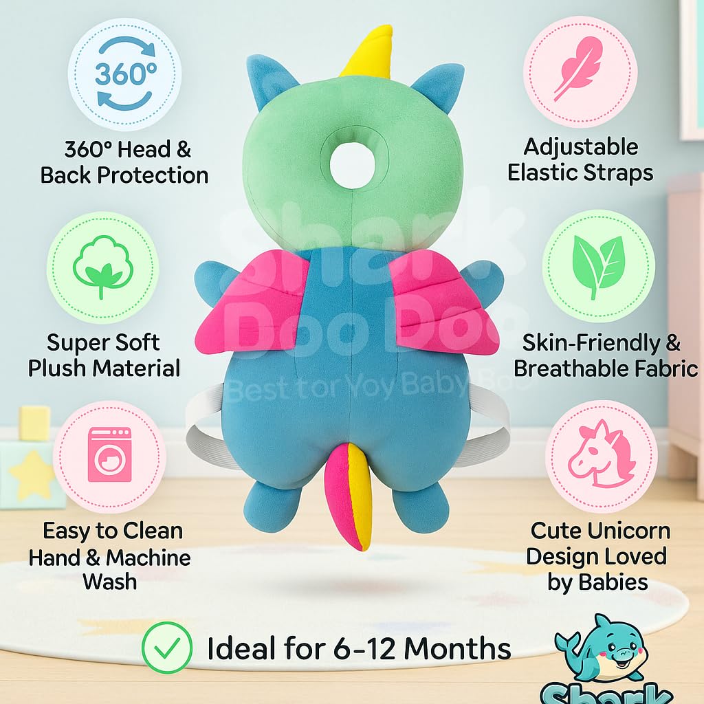 Shark Doo Doo® Baby Unicorn Head Protector Cushion for 6–24 Months | Soft Plush Safety Backpack for Toddlers | Adjustable Straps, Anti-Fall Pillow for Infants (Copy)