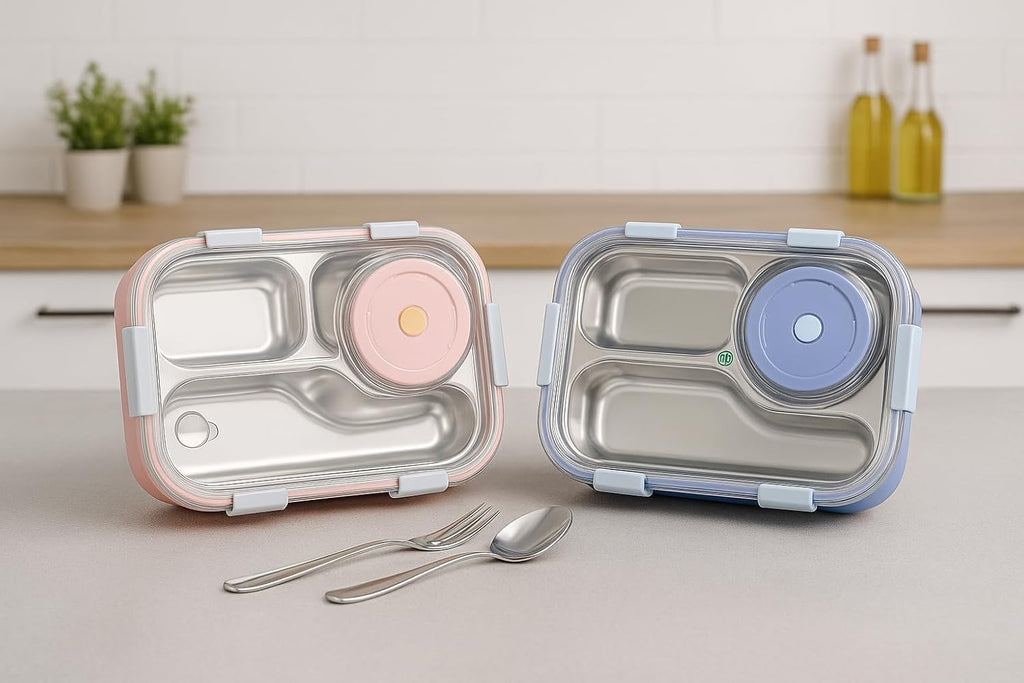Shark Doo Doo® Bento 3 Compartment Stainless Steel Lunch Box with Steel Cutlery Inside | Heating & Water Insulation Design | Leak-Resistant | 750 ML | Office & School
