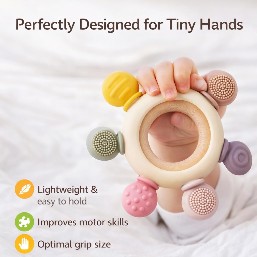 Silicone & Wooden Baby Teether for 3+ Months – BPA-Free, Soft Teething Toy for Infants with Multi-Texture Design, Easy-Grip Round Shape, and Safe, Natural Relief for Soothing Baby Gums (Silicone Wooden Teether)