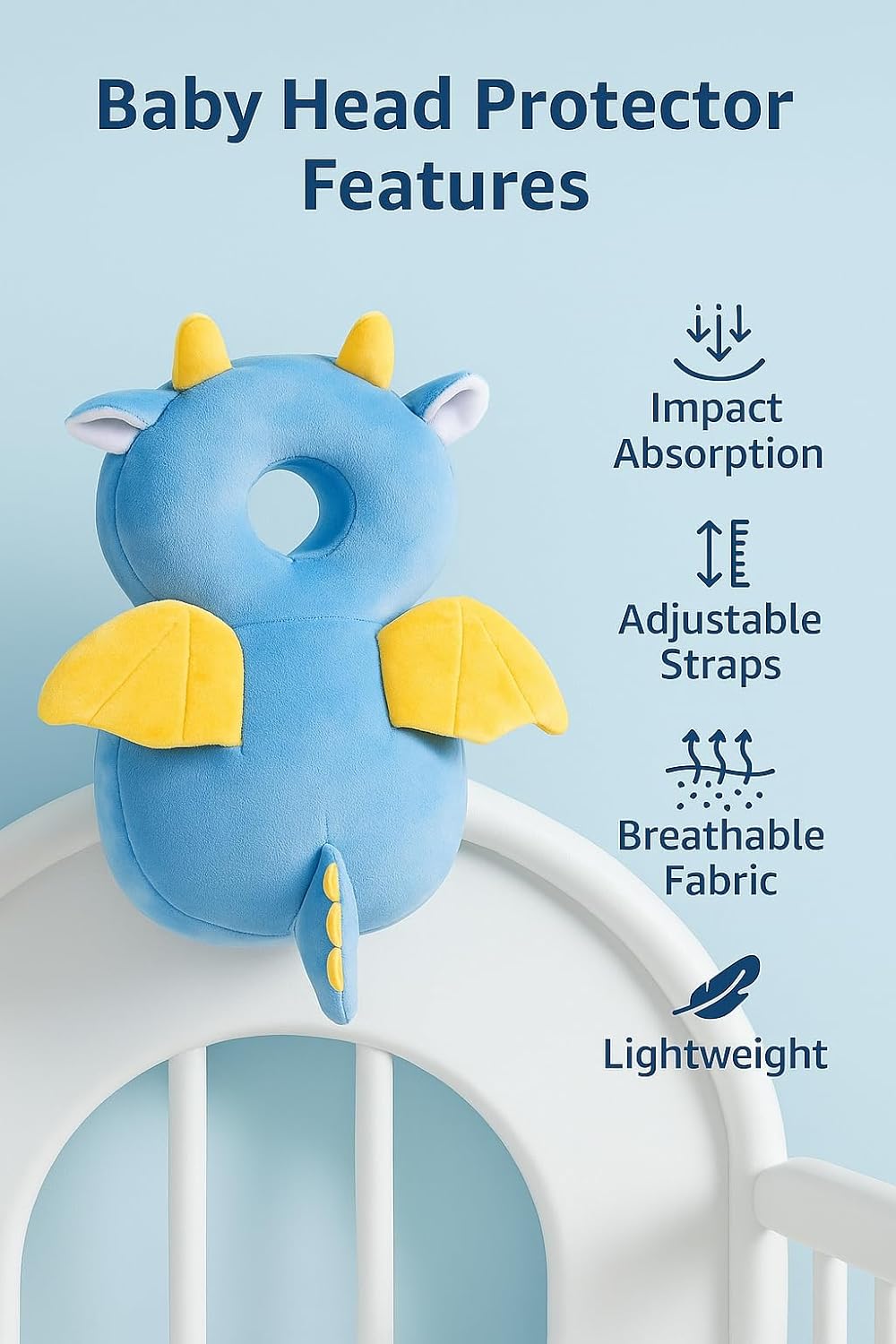 Shark Doo Doo® Baby Dragon Head Protector Cushion for 6–24 Months | Soft Plush Safety Backpack for Toddlers | Adjustable Straps, Anti-Fall Pillow for Infants