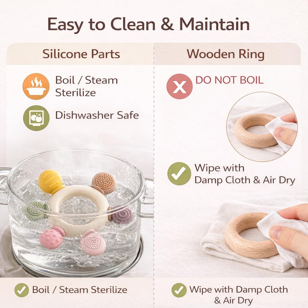 Silicone & Wooden Baby Teether for 3+ Months – BPA-Free, Soft Teething Toy for Infants with Multi-Texture Design, Easy-Grip Round Shape, and Safe, Natural Relief for Soothing Baby Gums (Silicone Wooden Teether)