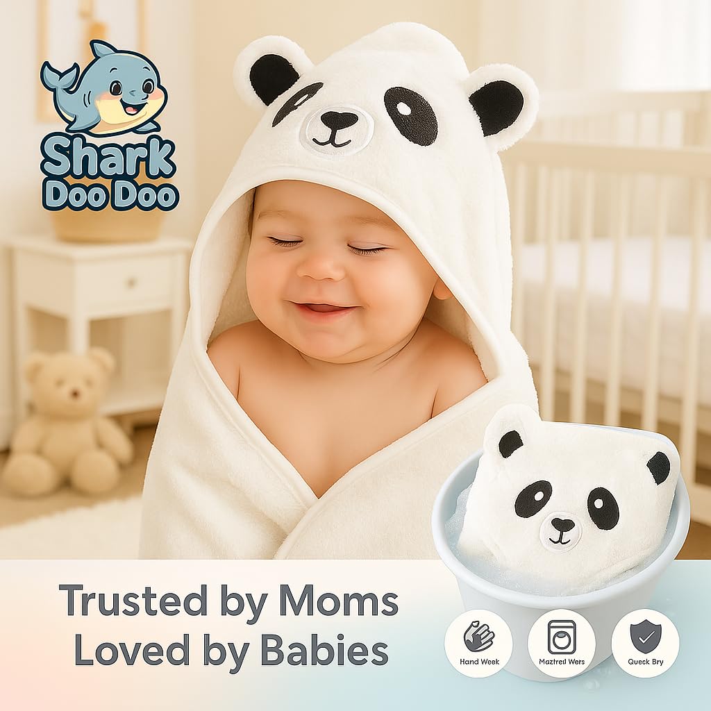 Shark Doo Doo® Organic Cotton Hooded Baby Towels for Newborn Boys & Girls – Soft & Breathable Bath Towel for Infants & Toddlers (85x85 cm) (White)
