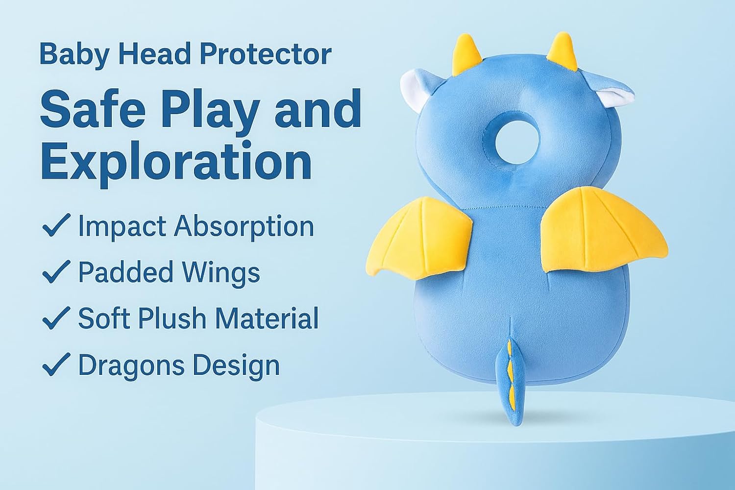 Shark Doo Doo® Baby Dragon Head Protector Cushion for 6–24 Months | Soft Plush Safety Backpack for Toddlers | Adjustable Straps, Anti-Fall Pillow for Infants
