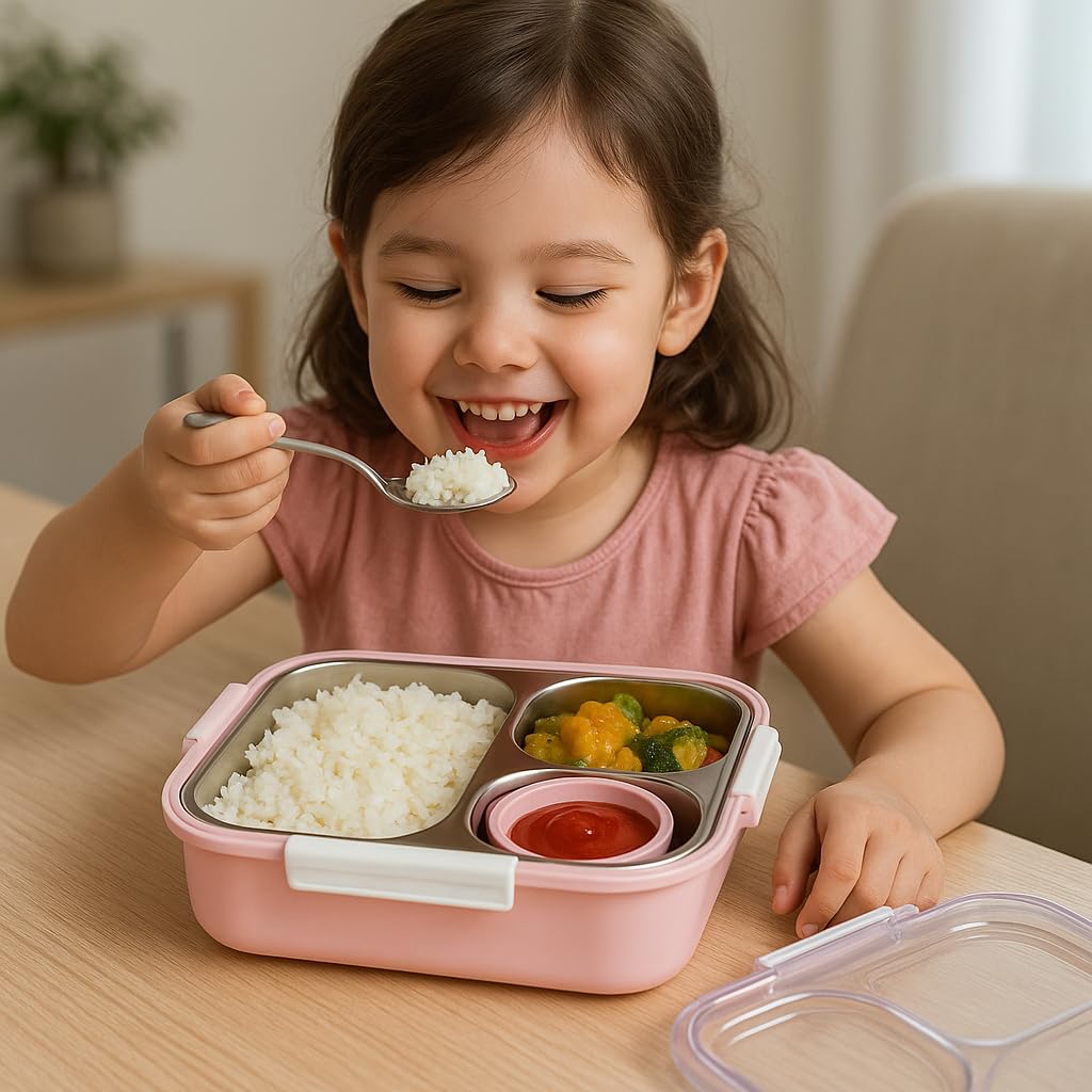 Shark Doo Doo® Bento 3 Compartment (Purple with Chutney Box) Stainless Steel Lunch Box with Steel Cutlery Inside | Heating & Water Insulation Design | Leak-Resistant | 750 ML | Office & School