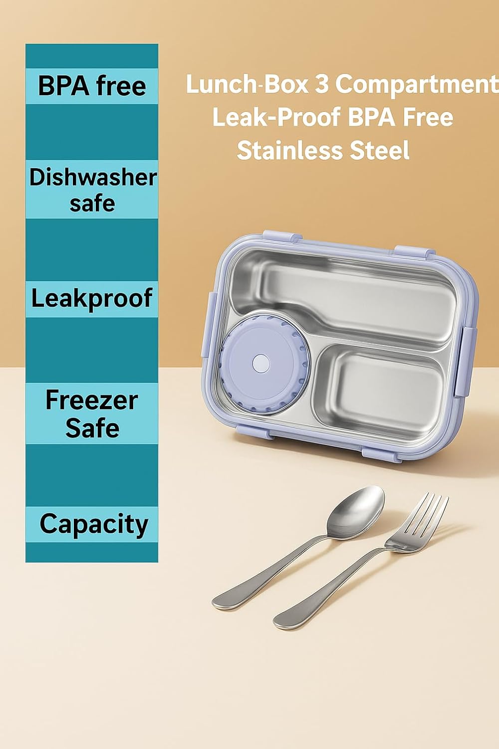 Shark Doo Doo® Bento 3 Compartment (Purple with Chutney Box) Stainless Steel Lunch Box with Steel Cutlery Inside | Heating & Water Insulation Design | Leak-Resistant | 750 ML | Office & School