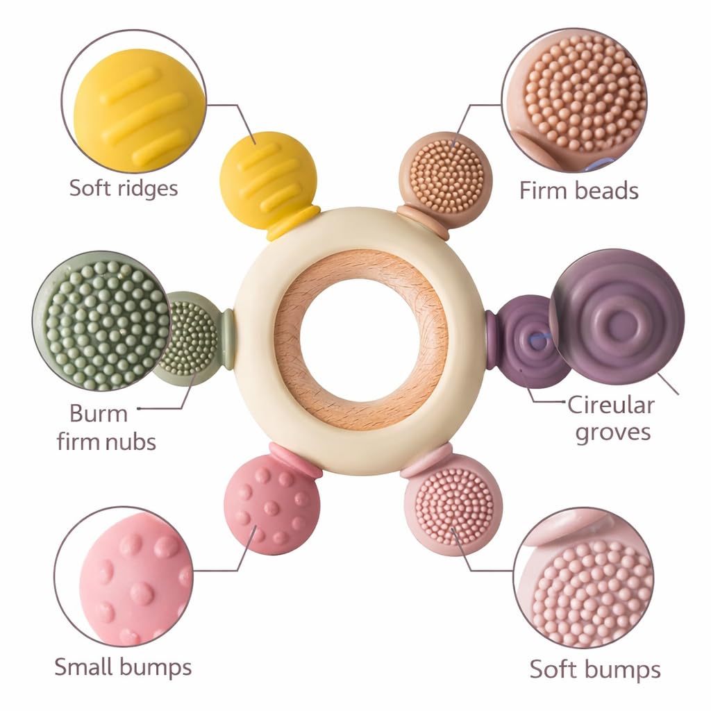 Silicone & Wooden Baby Teether for 3+ Months – BPA-Free, Soft Teething Toy for Infants with Multi-Texture Design, Easy-Grip Round Shape, and Safe, Natural Relief for Soothing Baby Gums (Silicone Wooden Teether)