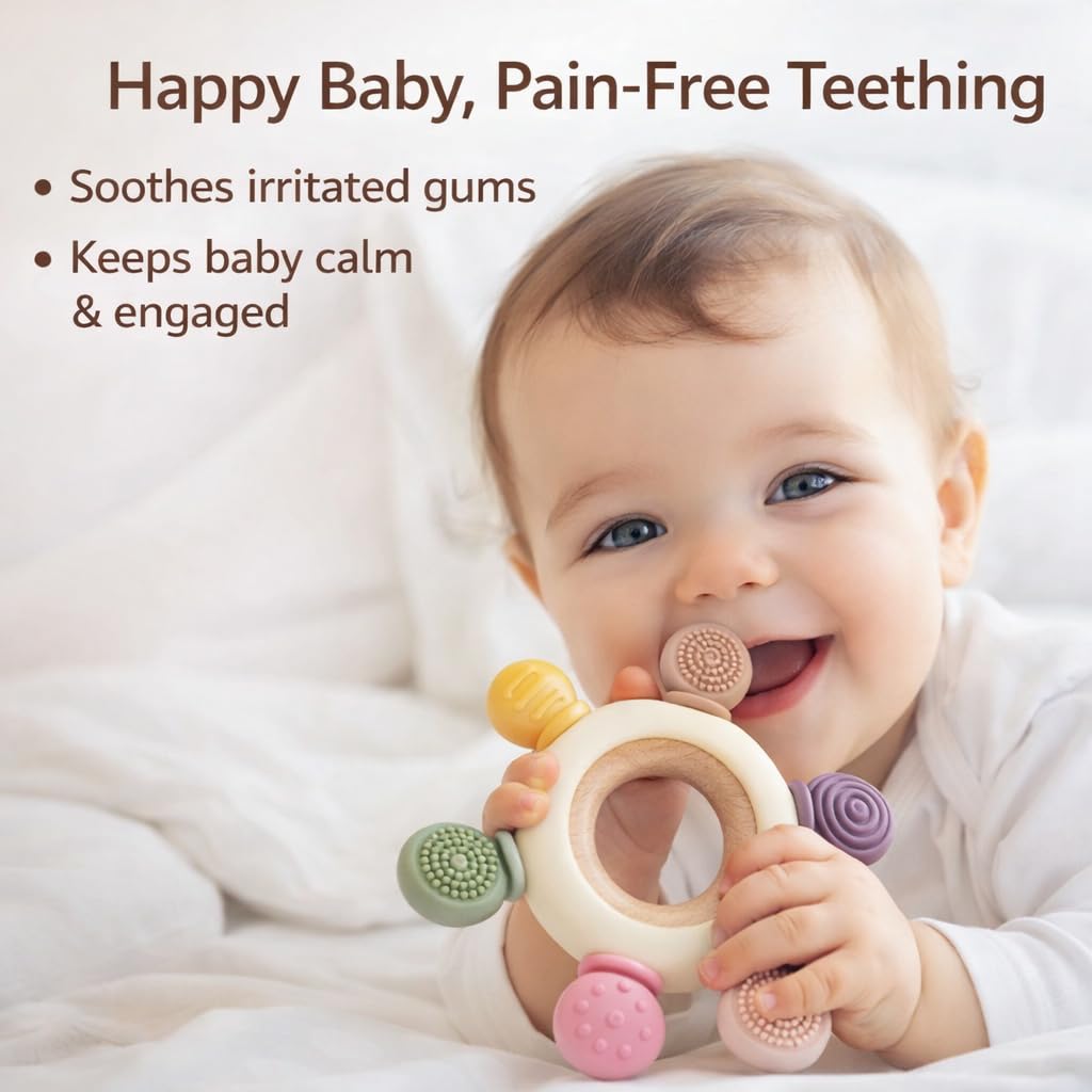 Silicone & Wooden Baby Teether for 3+ Months – BPA-Free, Soft Teething Toy for Infants with Multi-Texture Design, Easy-Grip Round Shape, and Safe, Natural Relief for Soothing Baby Gums (Silicone Wooden Teether)