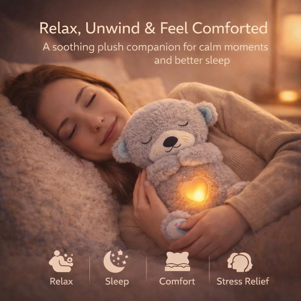 Shark Doo Doo® Breathing Teddy Bear Plush Otter with Rhythm Motion, Light & Music | Grey Comfort Toy for Stress Relief for Kids, Adults & Valentine’s Day