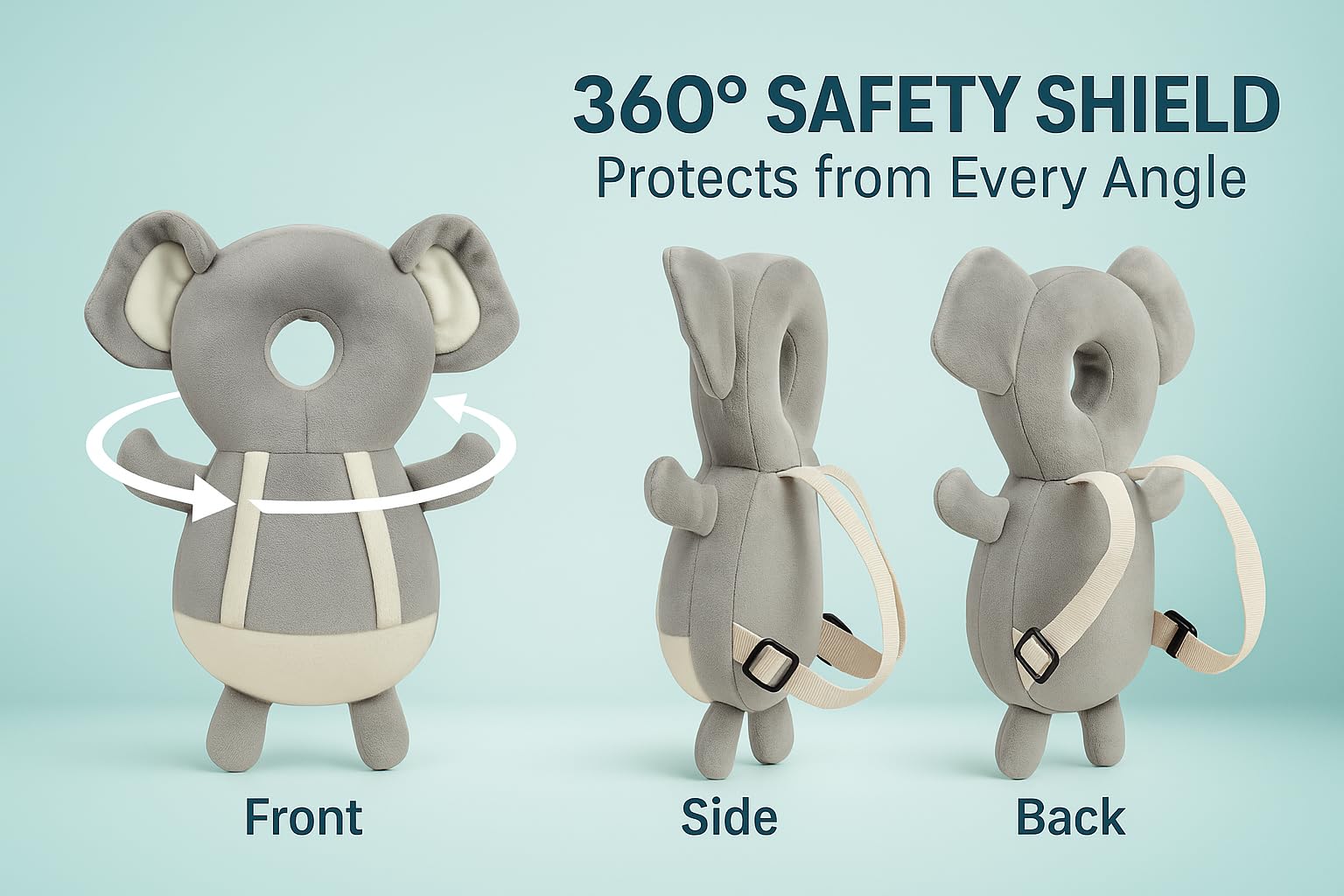 Shark Doo Doo® Baby Head Protector Cushion for 6–24 Months | Soft Plush Safety Backpack for Toddlers | Adjustable Straps, Anti-Fall Pillow for Infants (Grey Elephant)