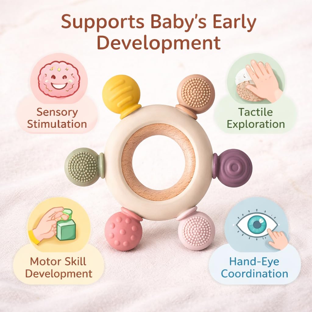 Silicone & Wooden Baby Teether for 3+ Months – BPA-Free, Soft Teething Toy for Infants with Multi-Texture Design, Easy-Grip Round Shape, and Safe, Natural Relief for Soothing Baby Gums (Silicone Wooden Teether)