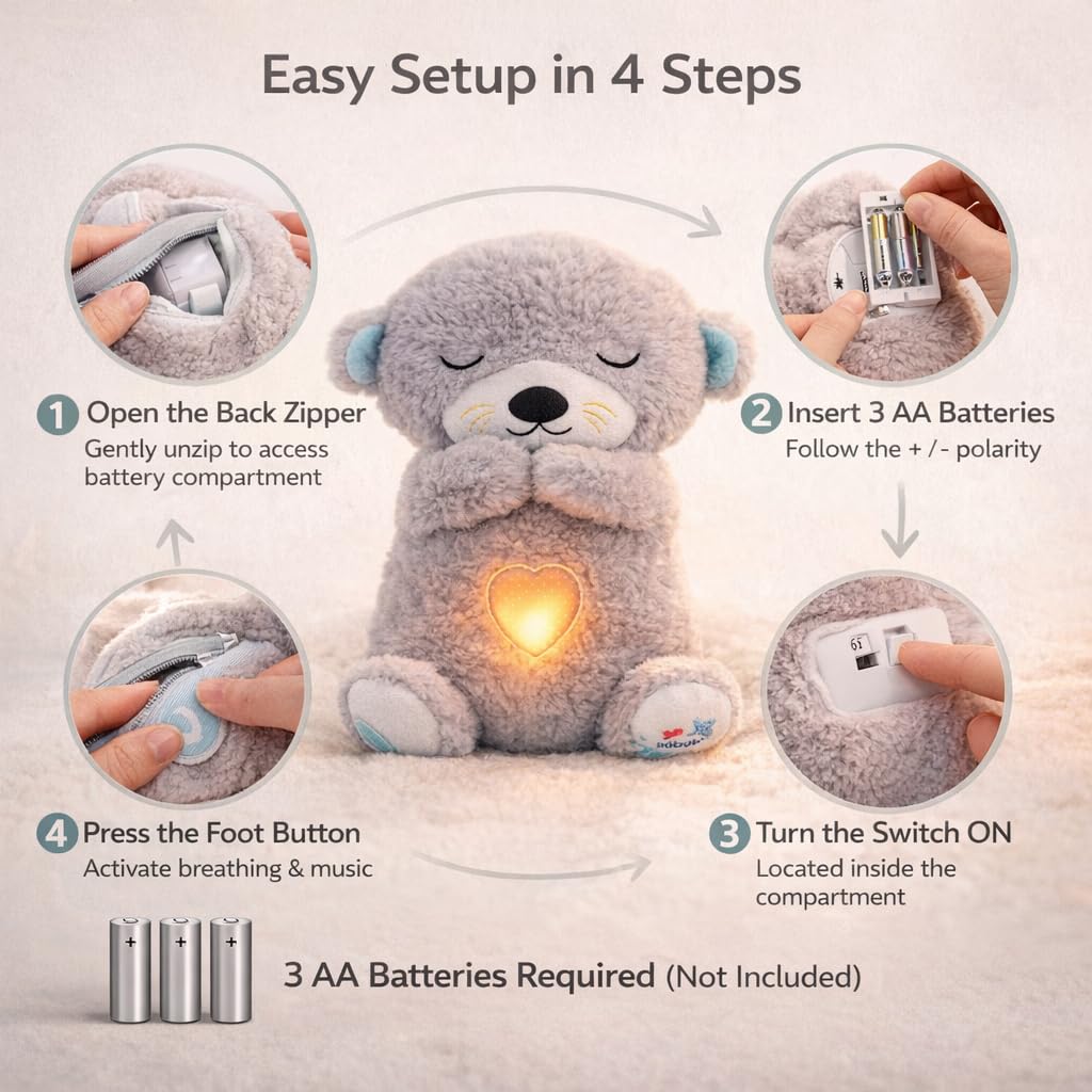 Shark Doo Doo® Breathing Teddy Bear Plush Otter with Rhythm Motion, Light & Music | Grey Comfort Toy for Stress Relief for Kids, Adults & Valentine’s Day