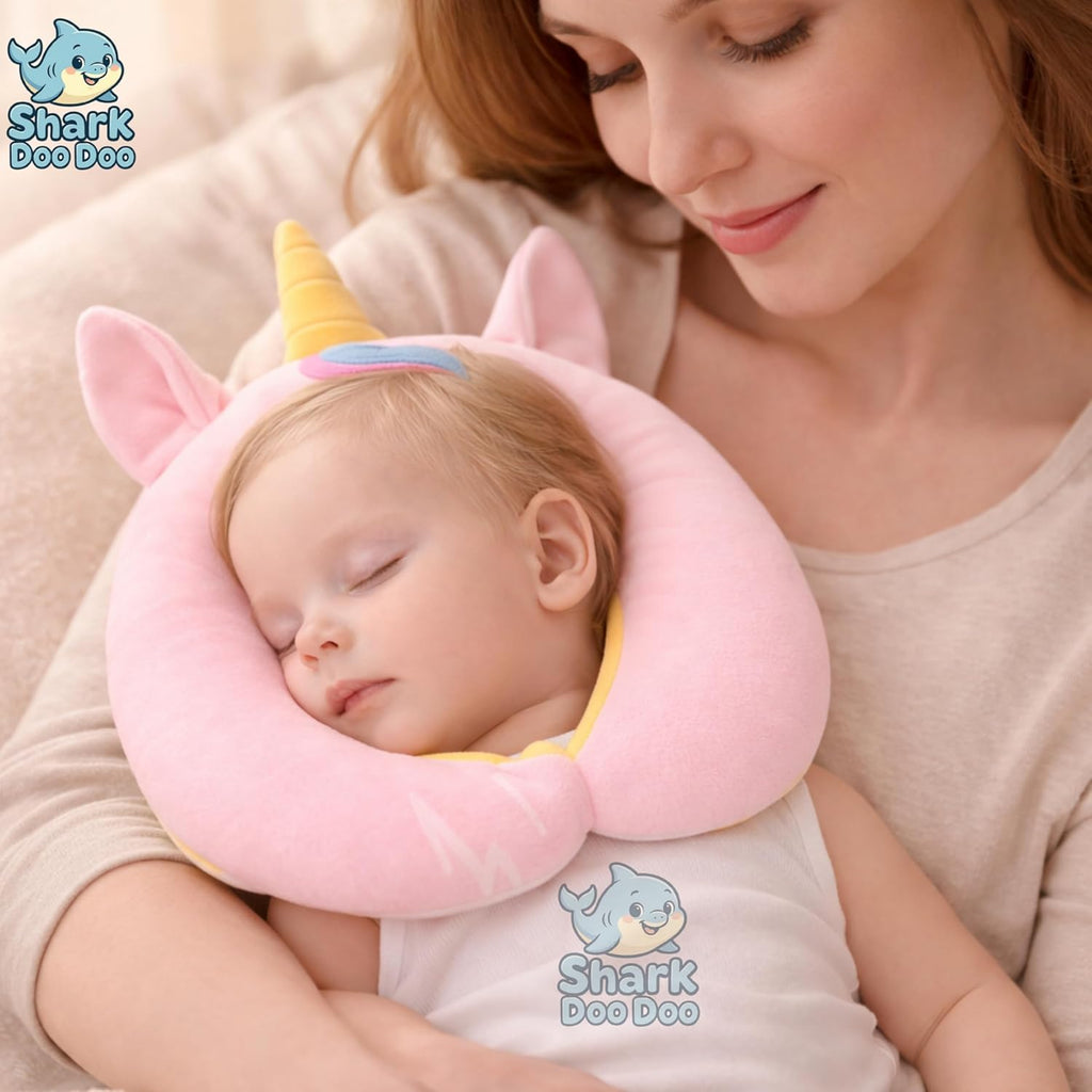 Shark Doo Doo® New Born Baby Soft Neck Supporting Pillow (0–12 Months), Infant Neck Support Pillow for Sleeping & Travel, Cute Printed, Ultra Soft & Breathable