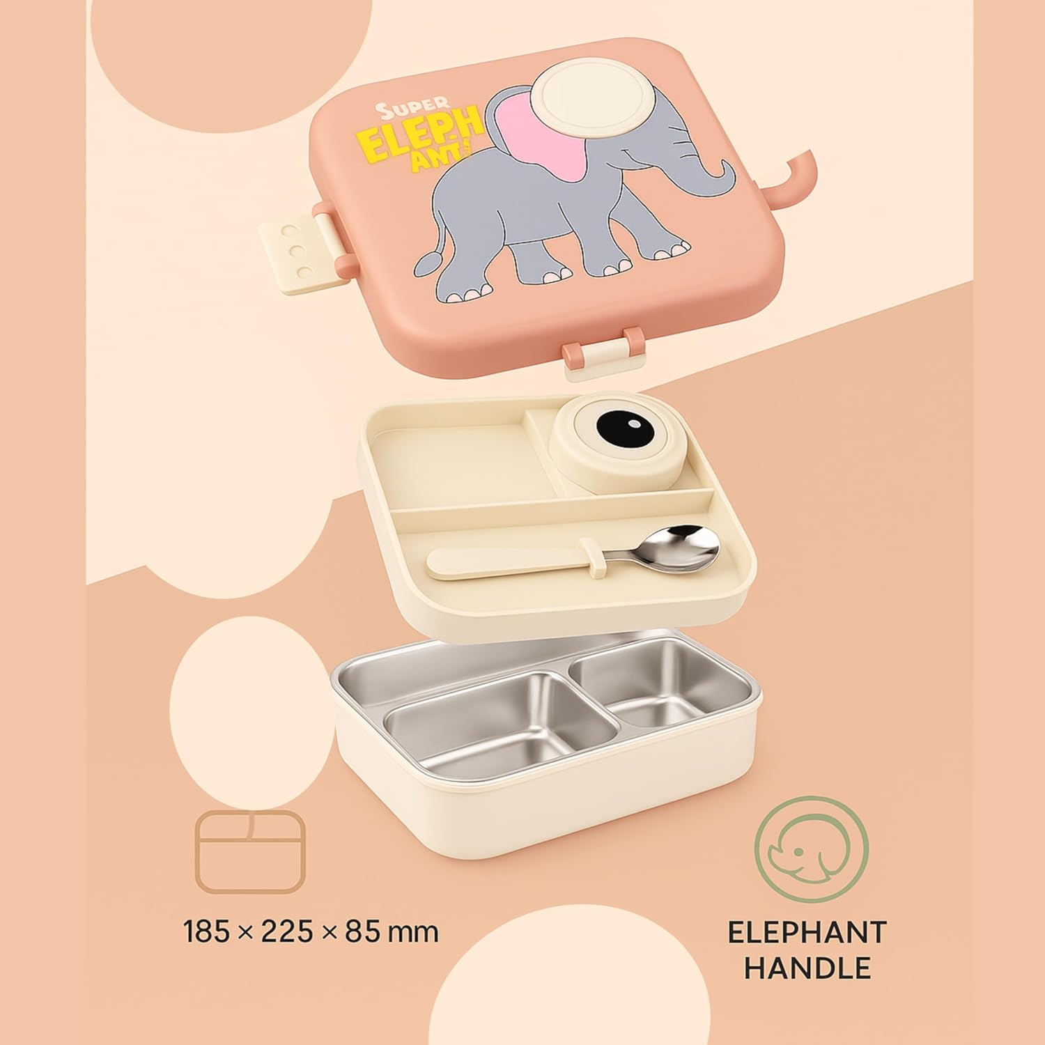Shark Doo Doo® Super Elephant Grey  - Kids Stainless Steel Lunch Box for School | Insulated Bento Tiffin Box