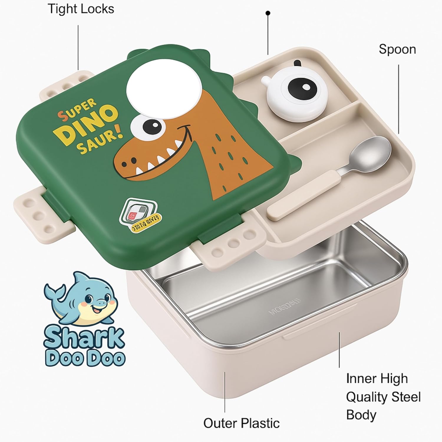 Shark Doo Doo® Super Dinosaur Green - Kids Stainless Steel Lunch Box for School | Insulated Bento Tiffin Box
