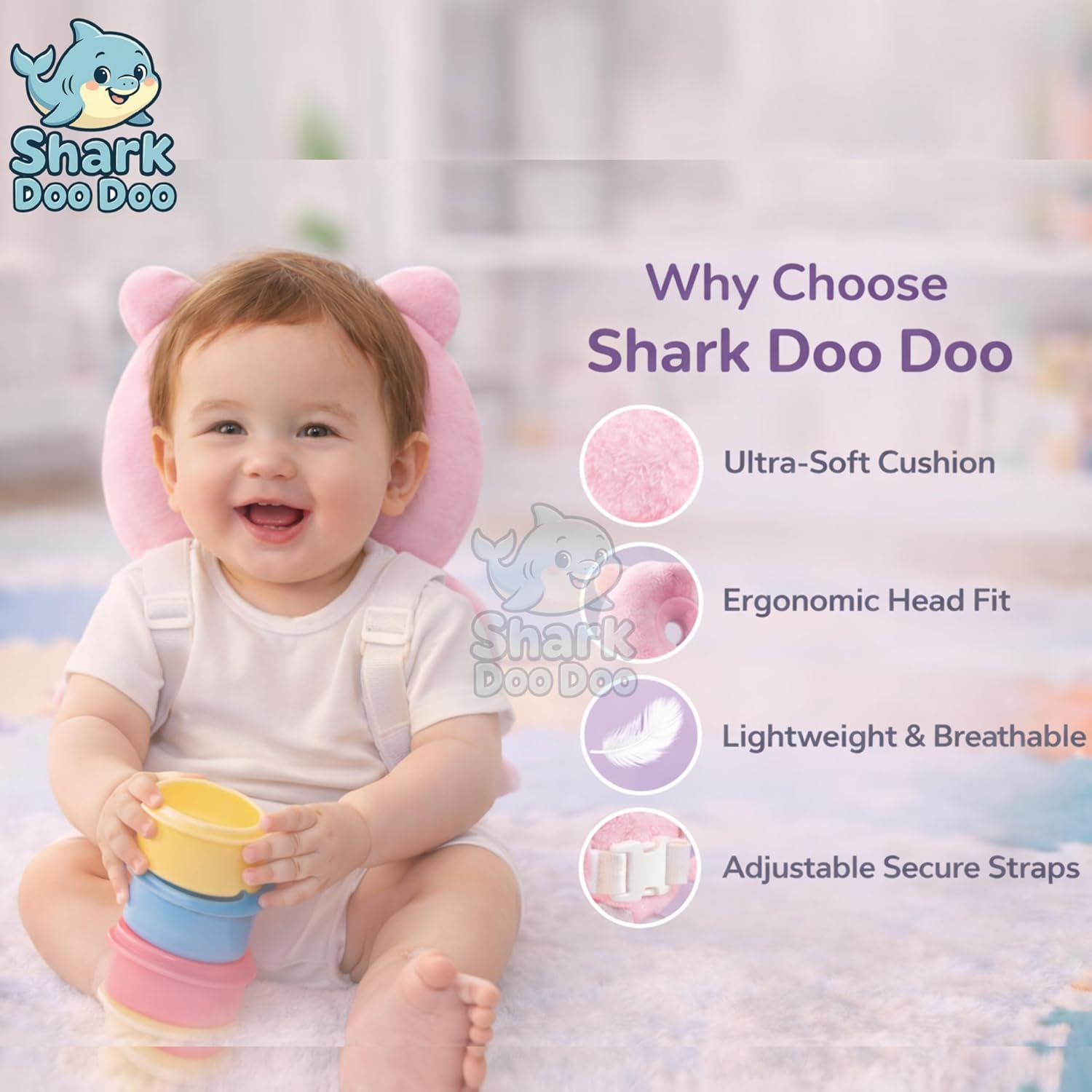 Shark Doo Doo® Baby Head Protector Cushion for 6–24 Months | Soft Plush Safety Backpack for Toddlers | Adjustable Straps, Anti-Fall Pillow for Infants (Pink Butterfly)