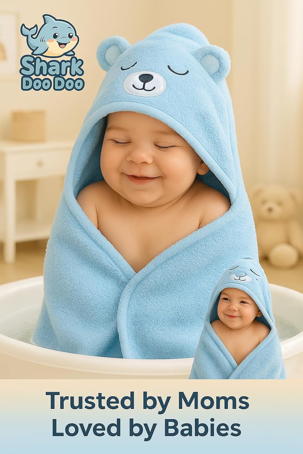 Shark Doo Doo® Organic Cotton Hooded Baby Towels for Newborn Boys & Girls – Soft & Breathable Bath Towel for Infants & Toddlers (85x85 cm) (Light Blue)