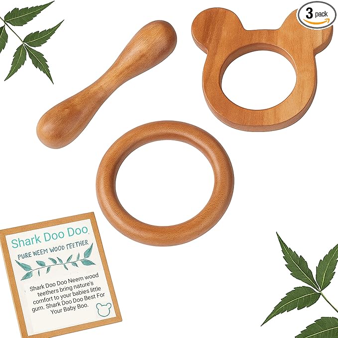 Shark Doo Doo® Neem Wood Baby Teether Combo (Mickey, Ring & Stick) | Organic & Handcrafted | Chemical-Free, Antibacterial Teething Toy for Babies