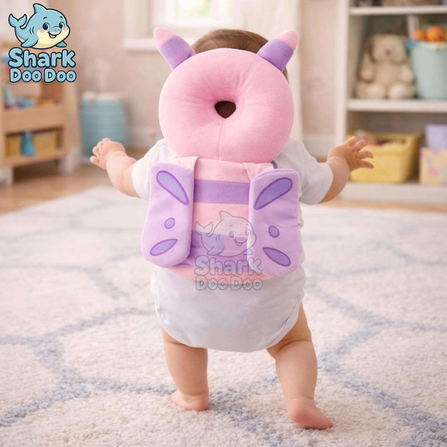 Shark Doo Doo® Baby Head Protector Cushion for 6–24 Months | Soft Plush Safety Backpack for Toddlers | Adjustable Straps, Anti-Fall Pillow for Infants (Pink Butterfly)