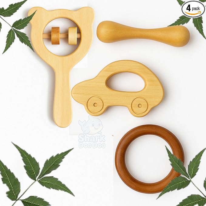 Shark Doo Doo® Neem Wood Baby Teether & Rattle Combo (Car, Rattle, Ring & Stick) | Organic & Handcrafted | Chemical-Free, Antibacterial Teething Toy for Babies