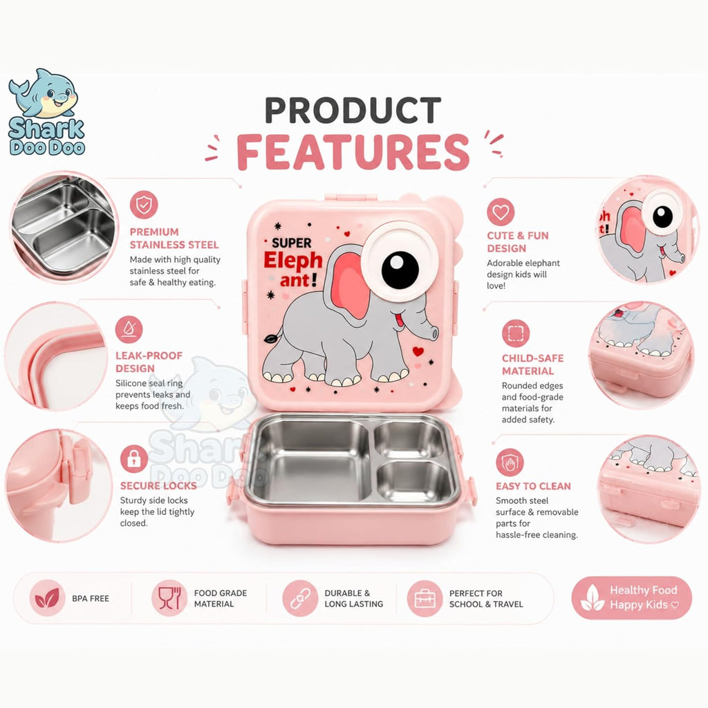 Shark Doo Doo® Super Elephant Pink - Kids Stainless Steel Lunch Box for School | Insulated Bento Tiffin Box (Copy) (Copy)