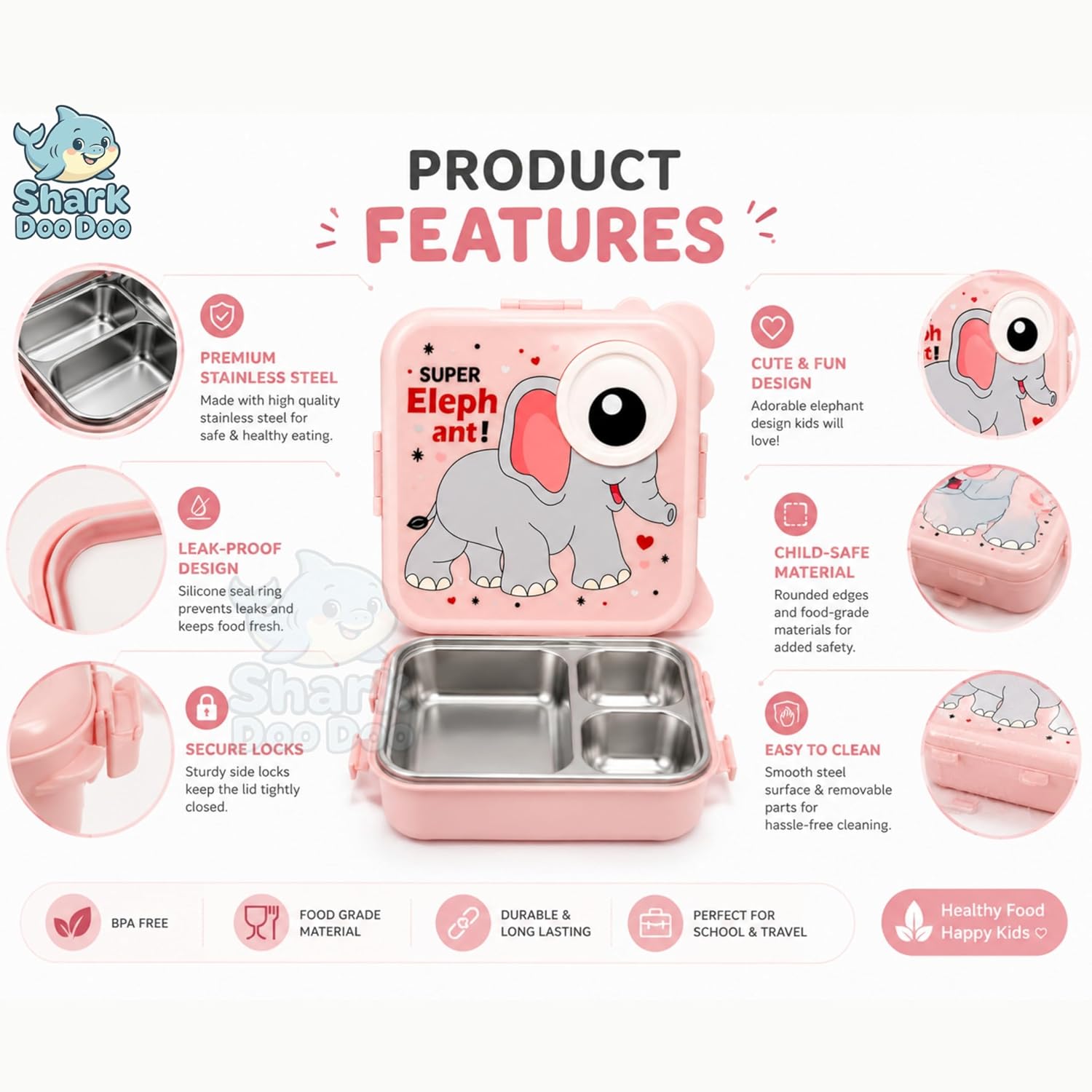 Shark Doo Doo® Super Elephant Pink - Kids Stainless Steel Lunch Box for School | Insulated Bento Tiffin Box (Copy) (Copy)