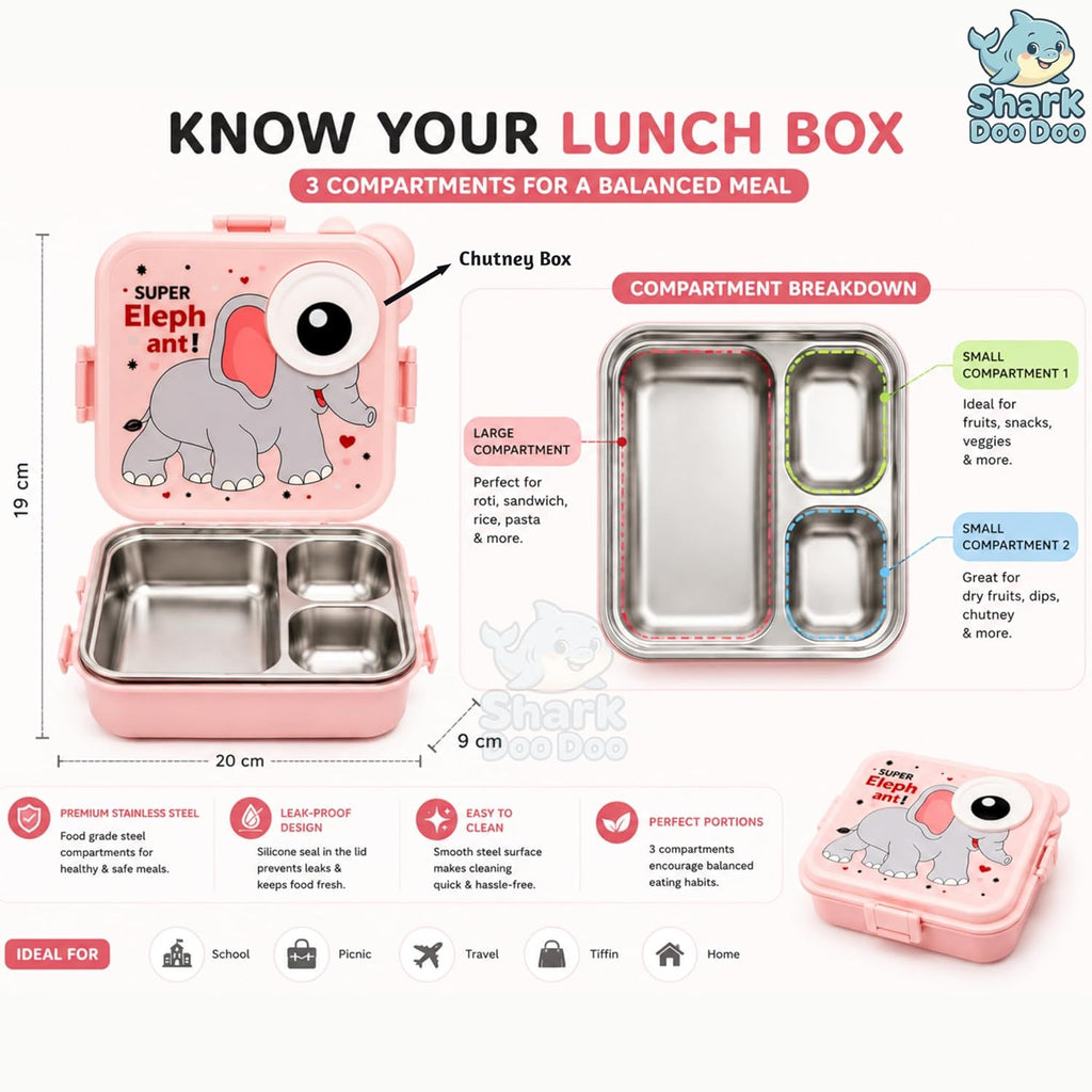 Shark Doo Doo® Super Elephant Grey  - Kids Stainless Steel Lunch Box for School | Insulated Bento Tiffin Box