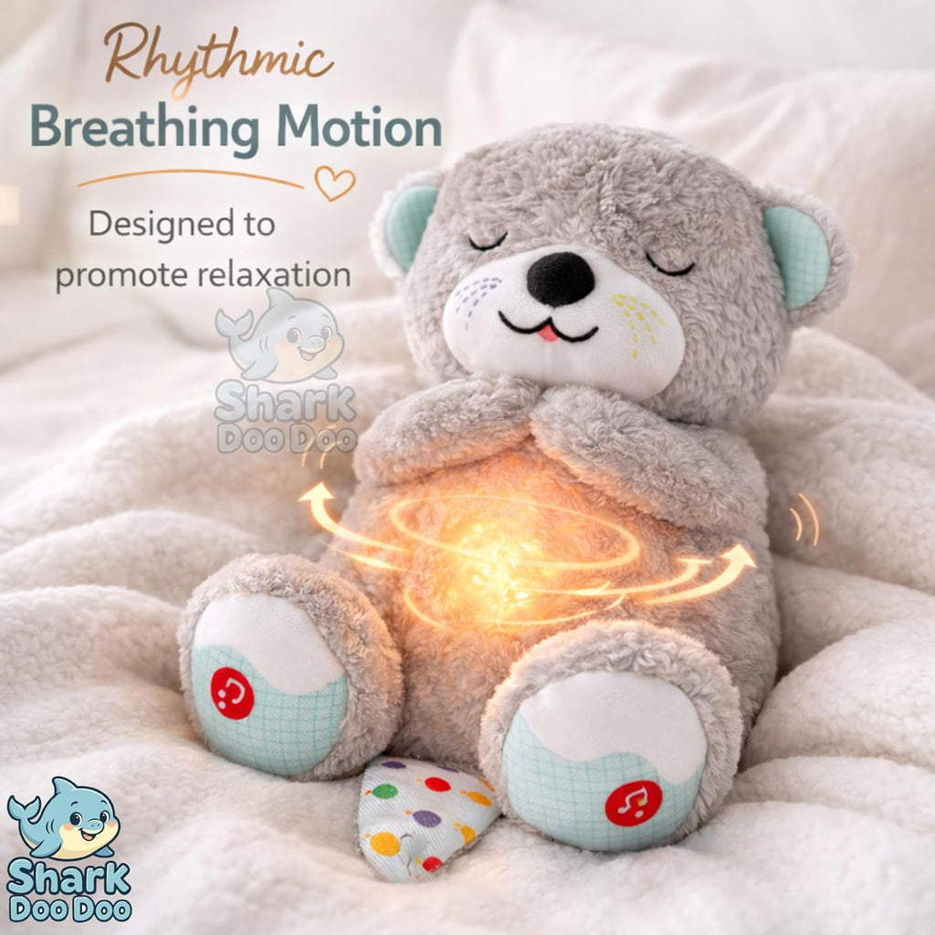 Shark Doo Doo® Breathing Teddy Bear Plush Otter with Rhythm Motion, Light & Music | Grey Comfort Toy for Stress Relief for Kids, Adults & Valentine’s Day
